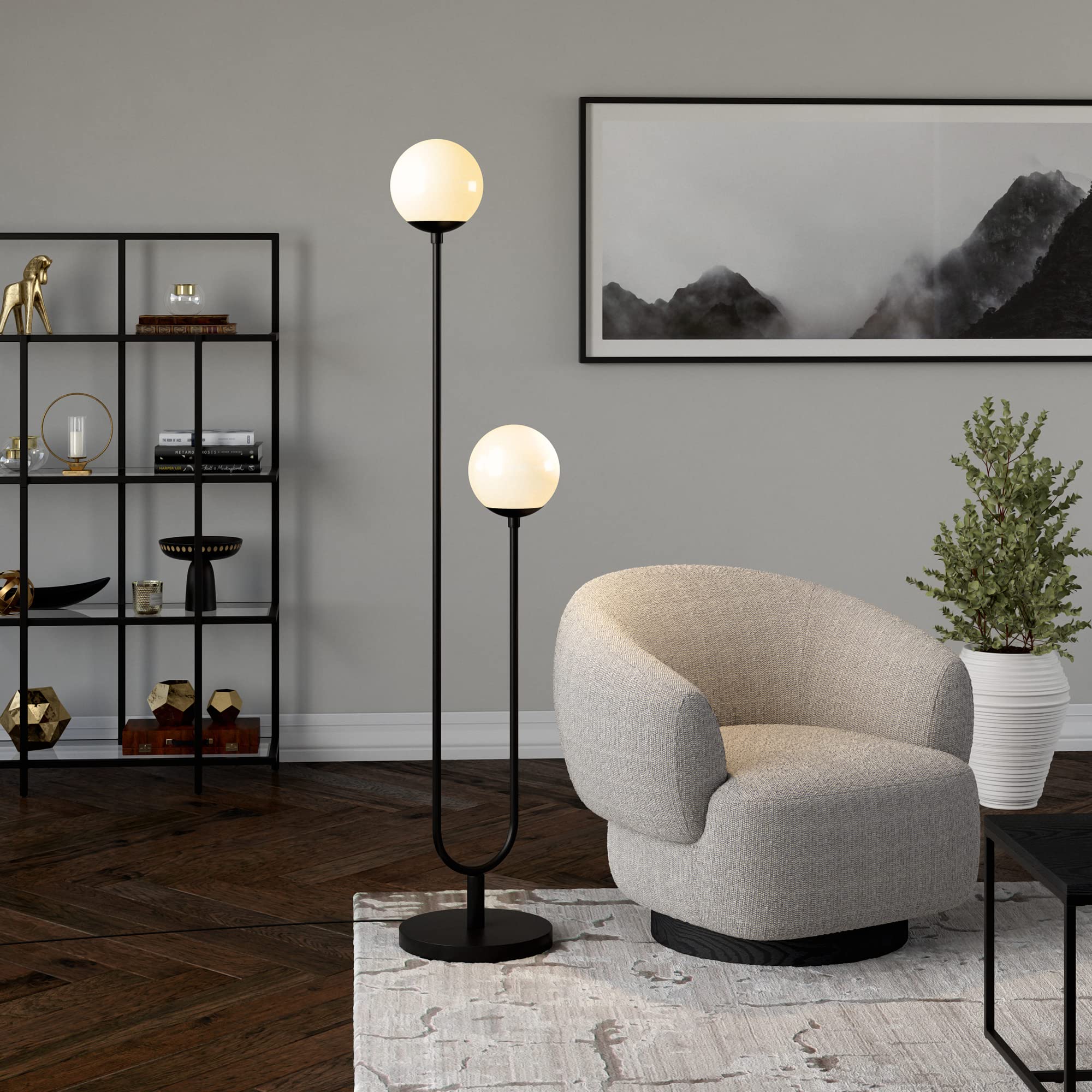 Henn&Hart 2-Light Modern Floor Lamp with Glass Shades - Blackened Bronze/White Milk Finish - 68.5
