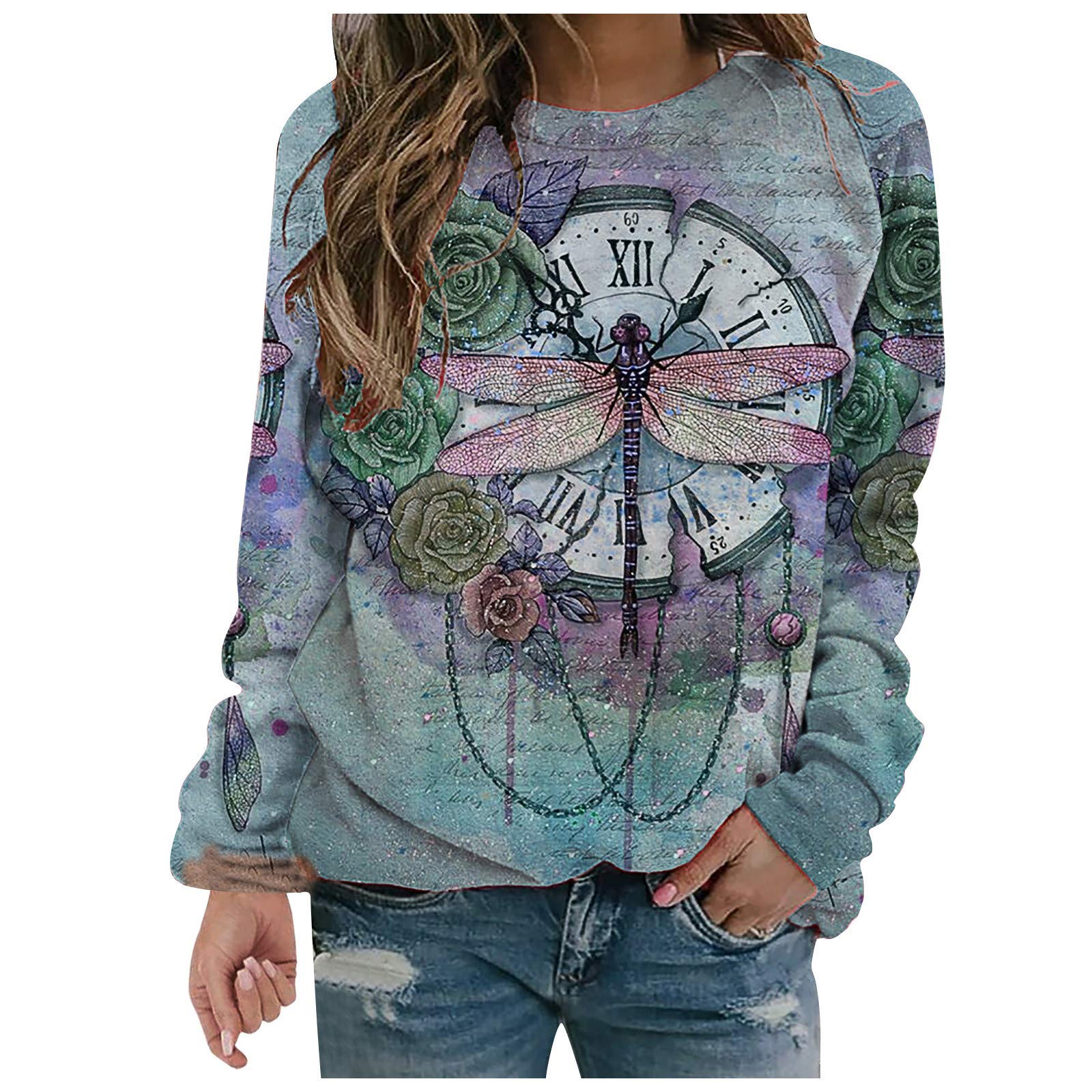 Women's Vintage Long Sleeve Sweatshirt - Fashion Dragonfly Print Pullover Blouse, Casual Crewneck Tunic Top for Fall/Winter Layering | Cozy Office Wear & Weekend Outfits