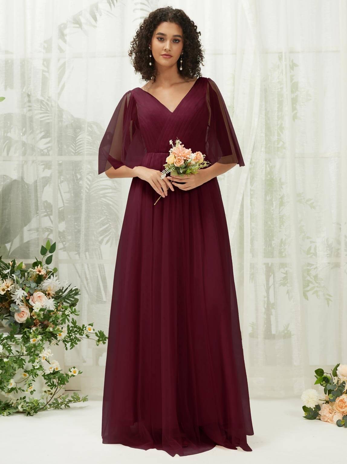 Elegant Burgundy Ruffle Sleeves Tulle Maxi Bridesmaid Dress with Hidden Pocket - Perfect for Weddings, Formal Events & Evening Parties