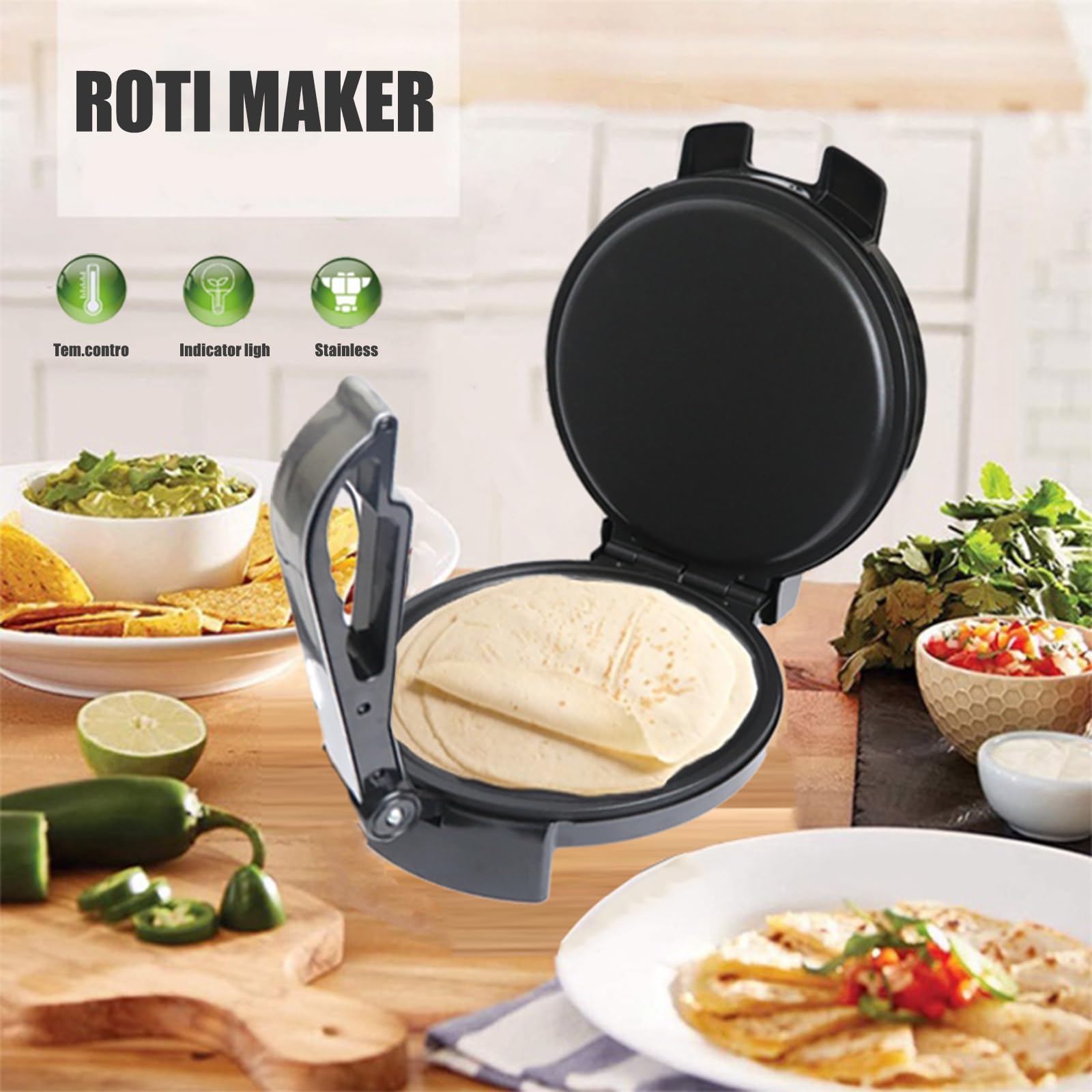 Electric Roti Maker Machine - 10 Inch Non-Stick Tortilla Press with Adjustable Temperature & Removable Handle - Perfect for Making Roti, Chapati, Tortillas at Home or Restaurant