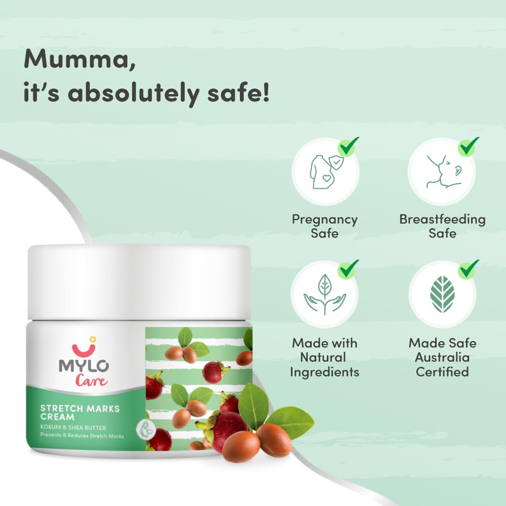 **Mylo Care Stretch Marks Cream for Pregnancy - Shea Butter, Saffron, Kokum Butter & Aloe Vera - Toxin-Free, No Mineral Oils - 100ml (Pack of 1) - Perfect for Pre & Postpartum Skin Hydration & Scar Reduction**