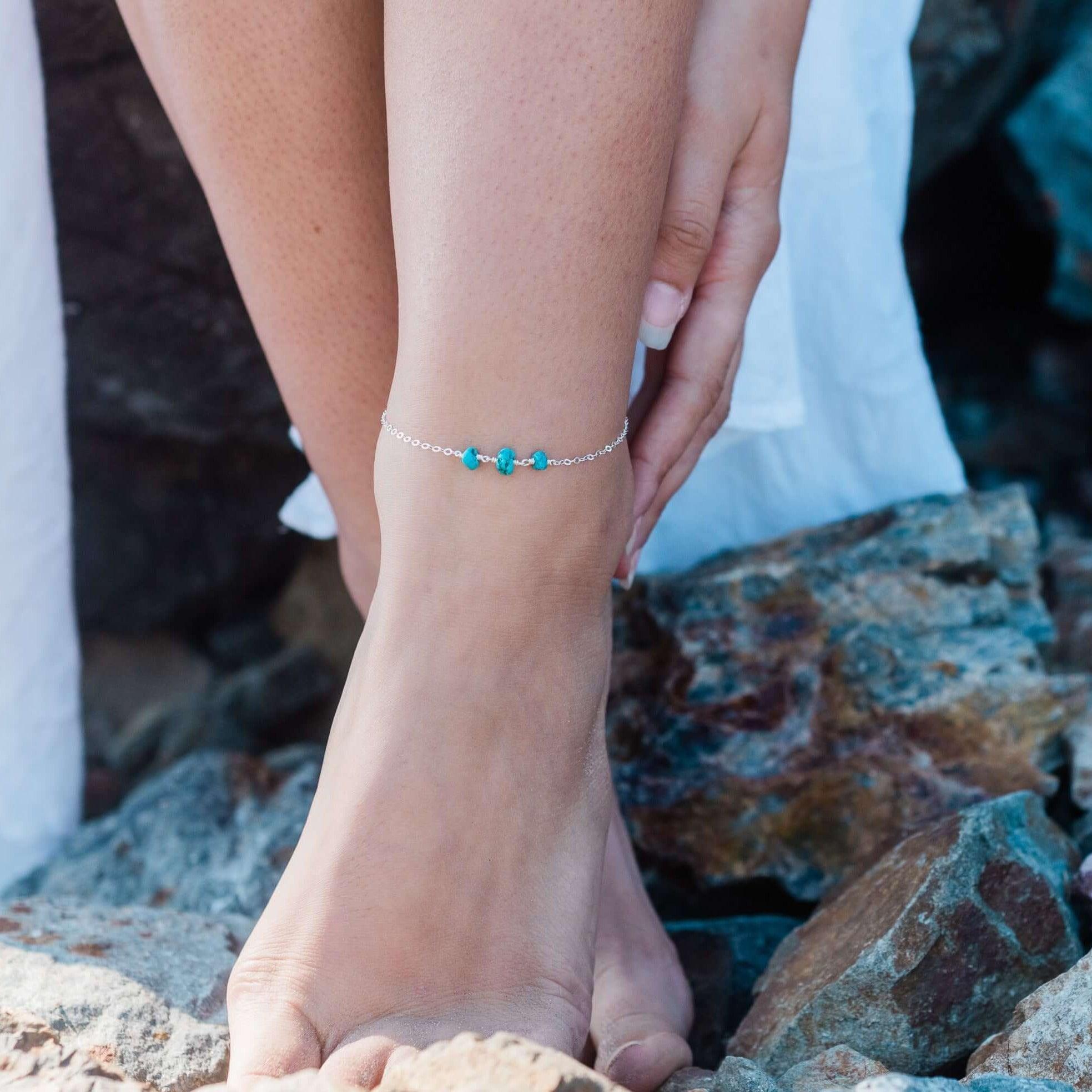 Turquoise Beaded Chain Anklet for Women - Bohemian Style Adjustable Ankle Bracelet - Perfect for Beach, Summer & Festival Outfits