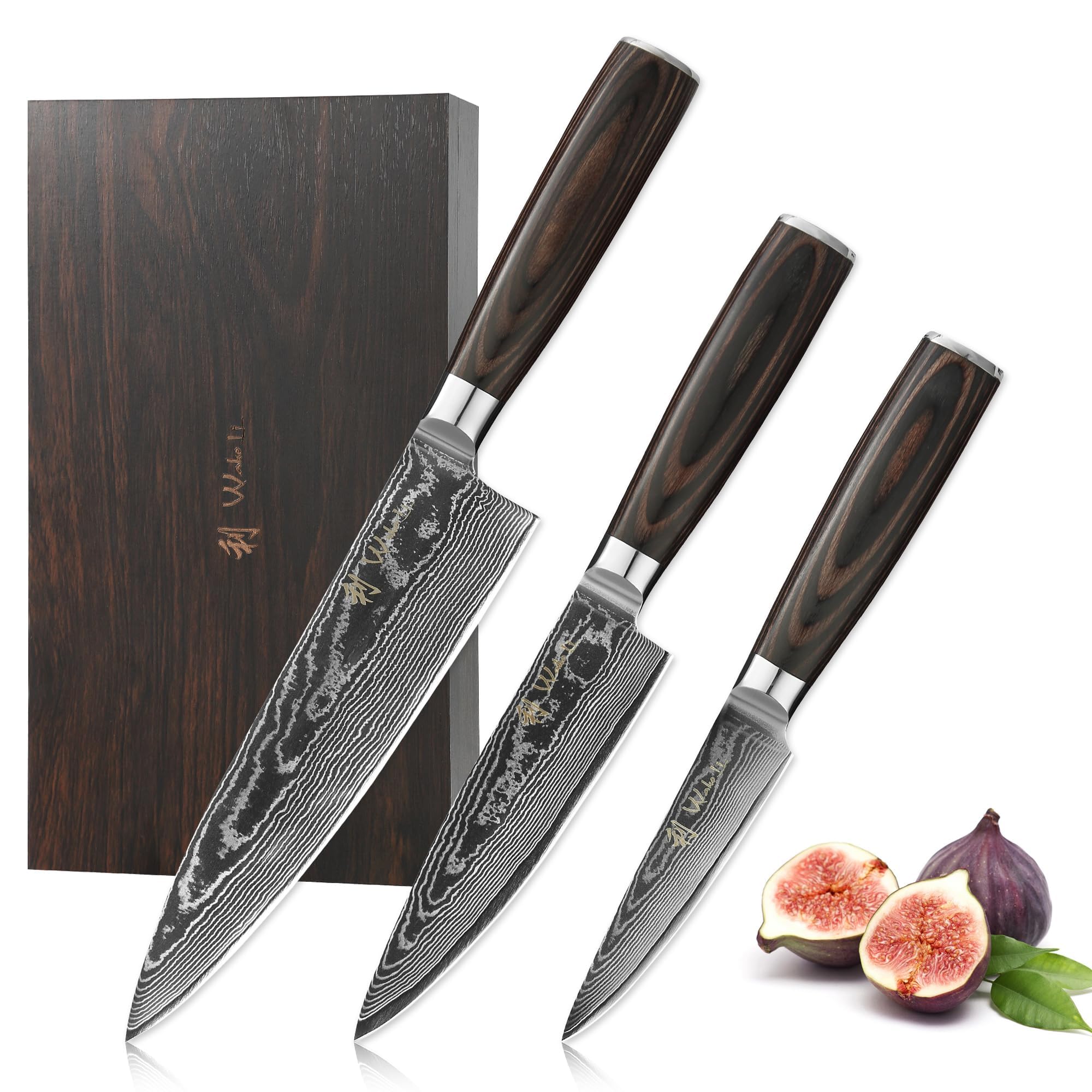 Wakoli EDIB Essentials 3-Piece Kitchen Knife Set with 8-17cm Blades | 67-Layer Damascus Steel | Chef Knife, Utility Knife & Office Knife | Finger Guard & Wooden Box | Perfect for Home Cooking, Camping & Gift Giving