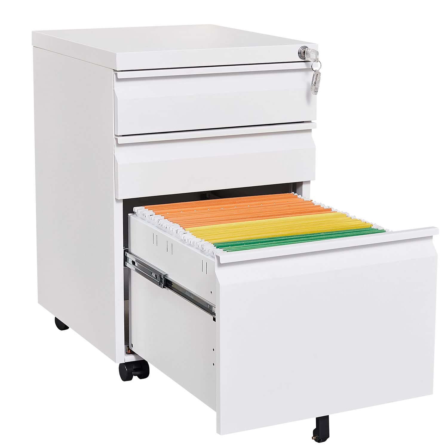 GREATMEET Mobile File Cabinet & Printer Stand - 3-Drawer Vertical Storage with Lock (2 Keys) for Legal/Letter/A4 Documents - Home Office Organization Solution - Perfect for Paper Storage & Printer Support in Small Spaces