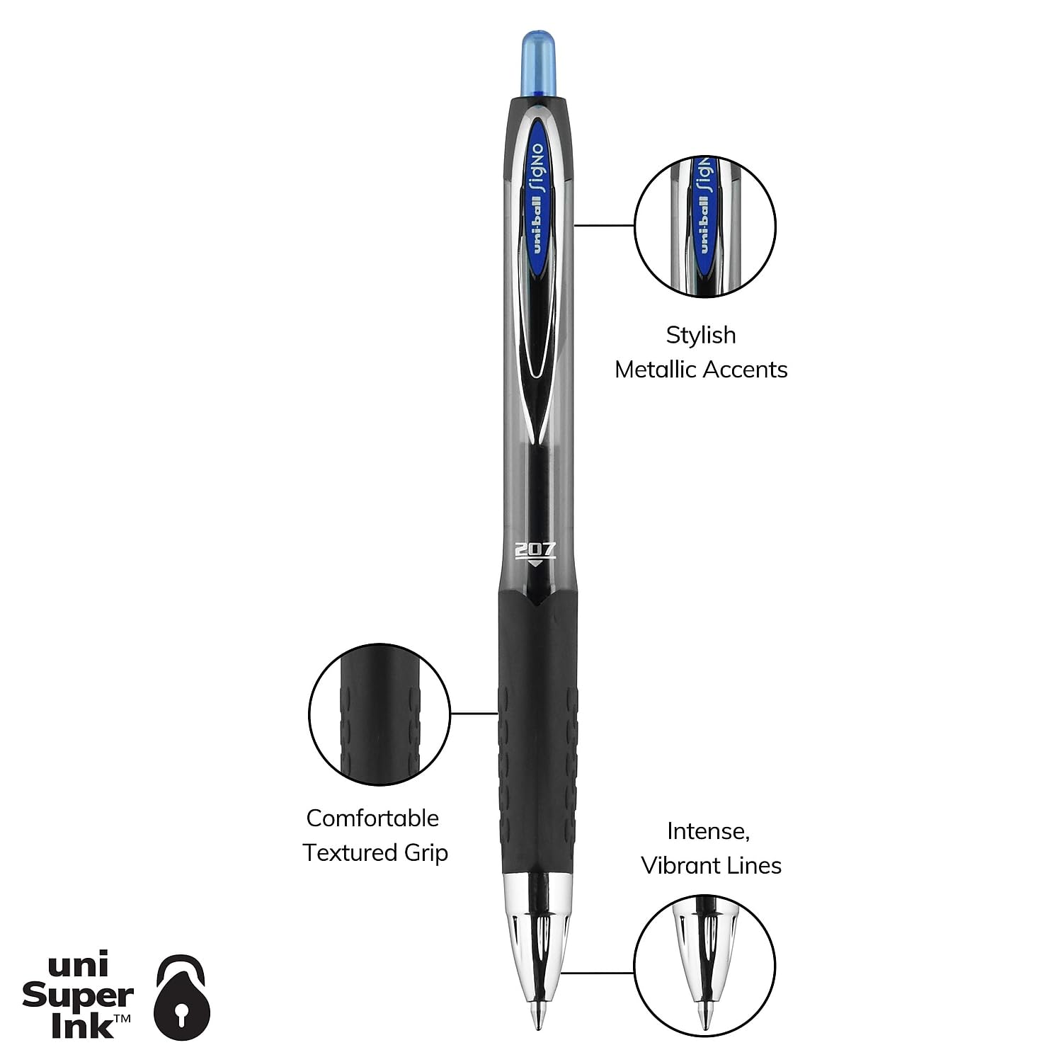 uni-ball 33951 Signo Gel 207 Retractable Roller Ball Pen - Medium Point, Blue Ink (Pack of 12) - Perfect for Office, School, Note Taking & Gift Giving