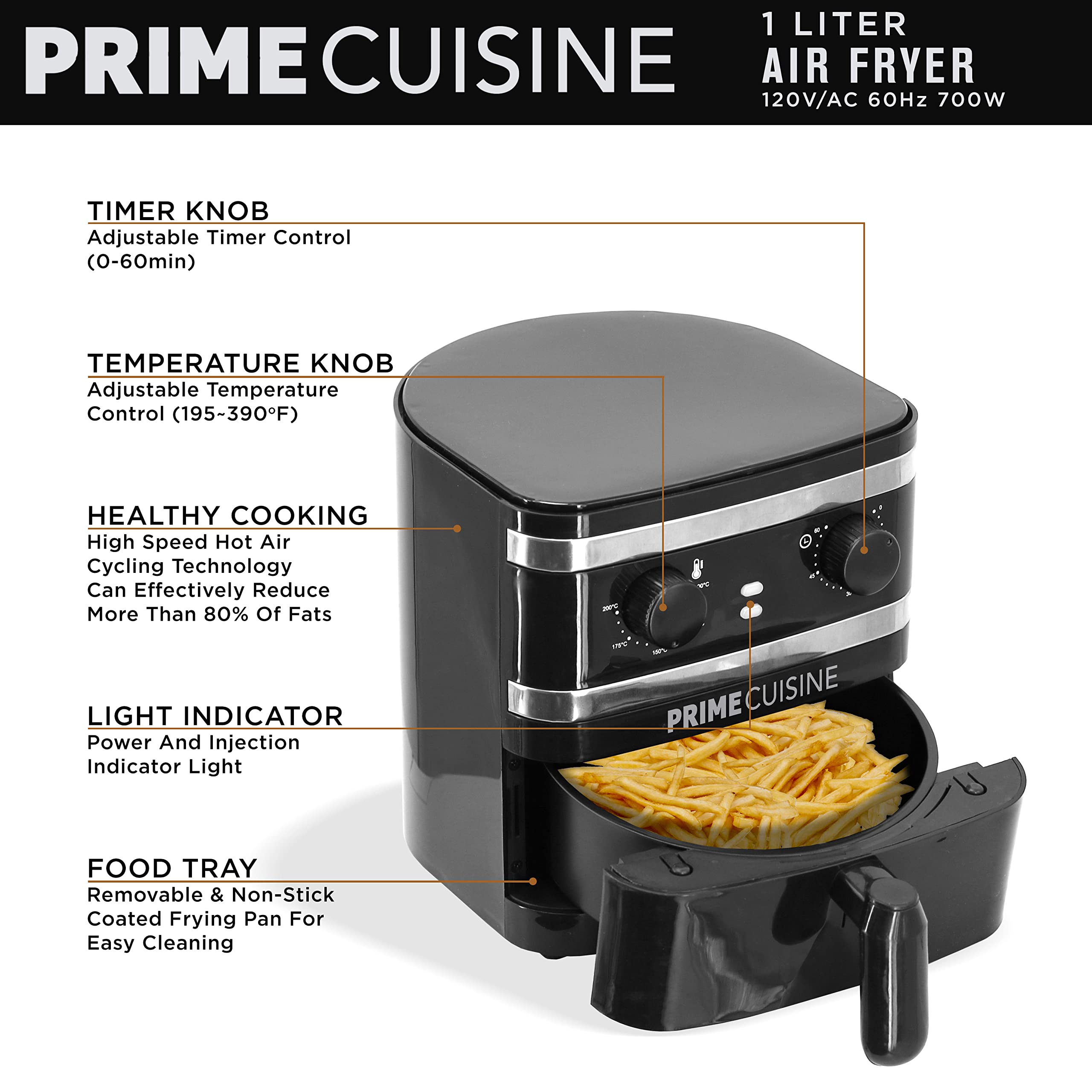 1 Liter Electric Air Fryer Oven Cooker with Temperature Control - Non-Stick Fry Basket, Auto Shut Off, Dishwasher Safe & BPA-Free - Perfect for Healthy Cooking, Small Kitchens & Dorm Rooms - Black