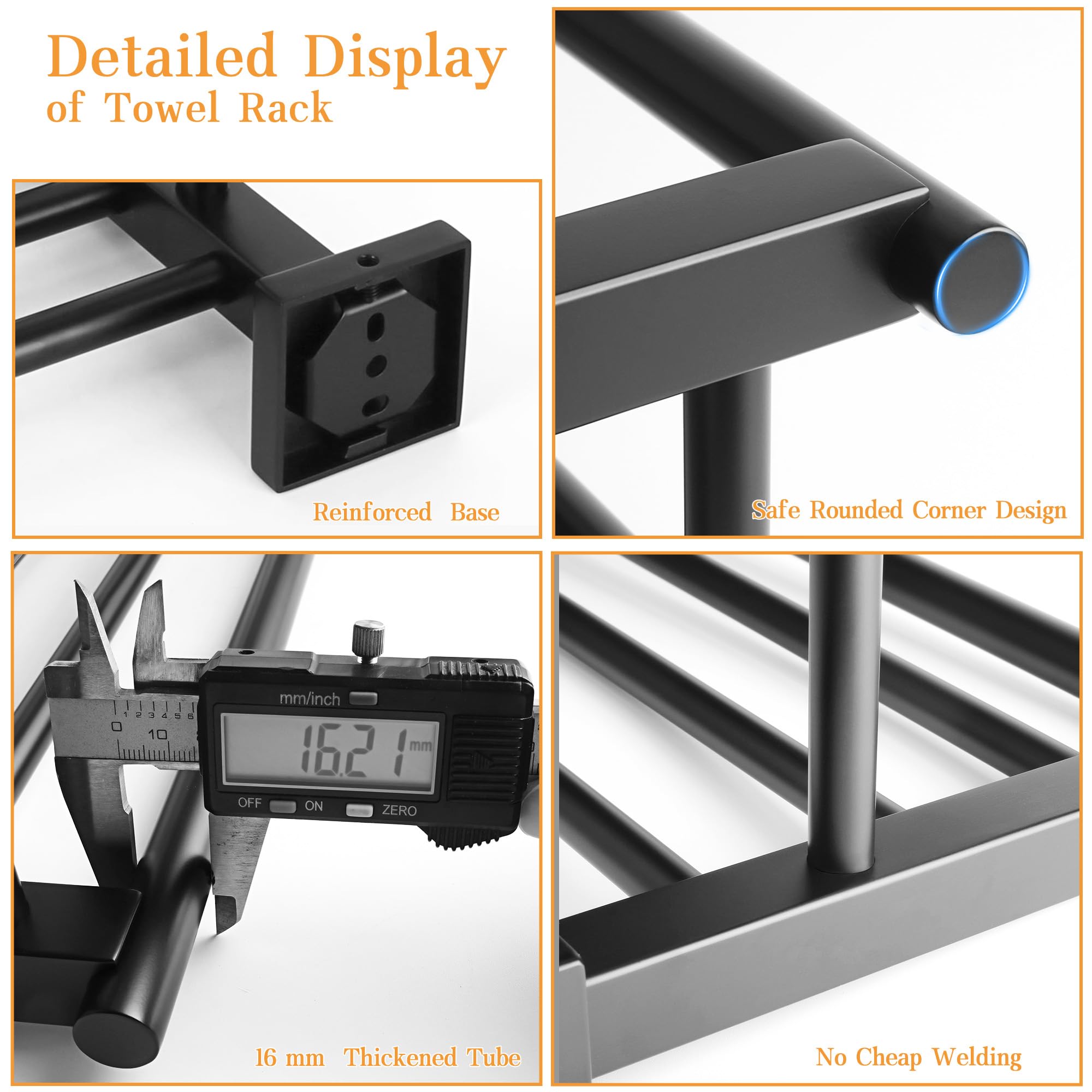 Stainless Steel Towel Rack - 16 Inch Double Towel Bar Holder with Shelf for Bathroom, Lavatory & Kitchen - SUS 304 Wall Mount Hanger in Matte Black - Perfect for Spa, Gym & Home Decor