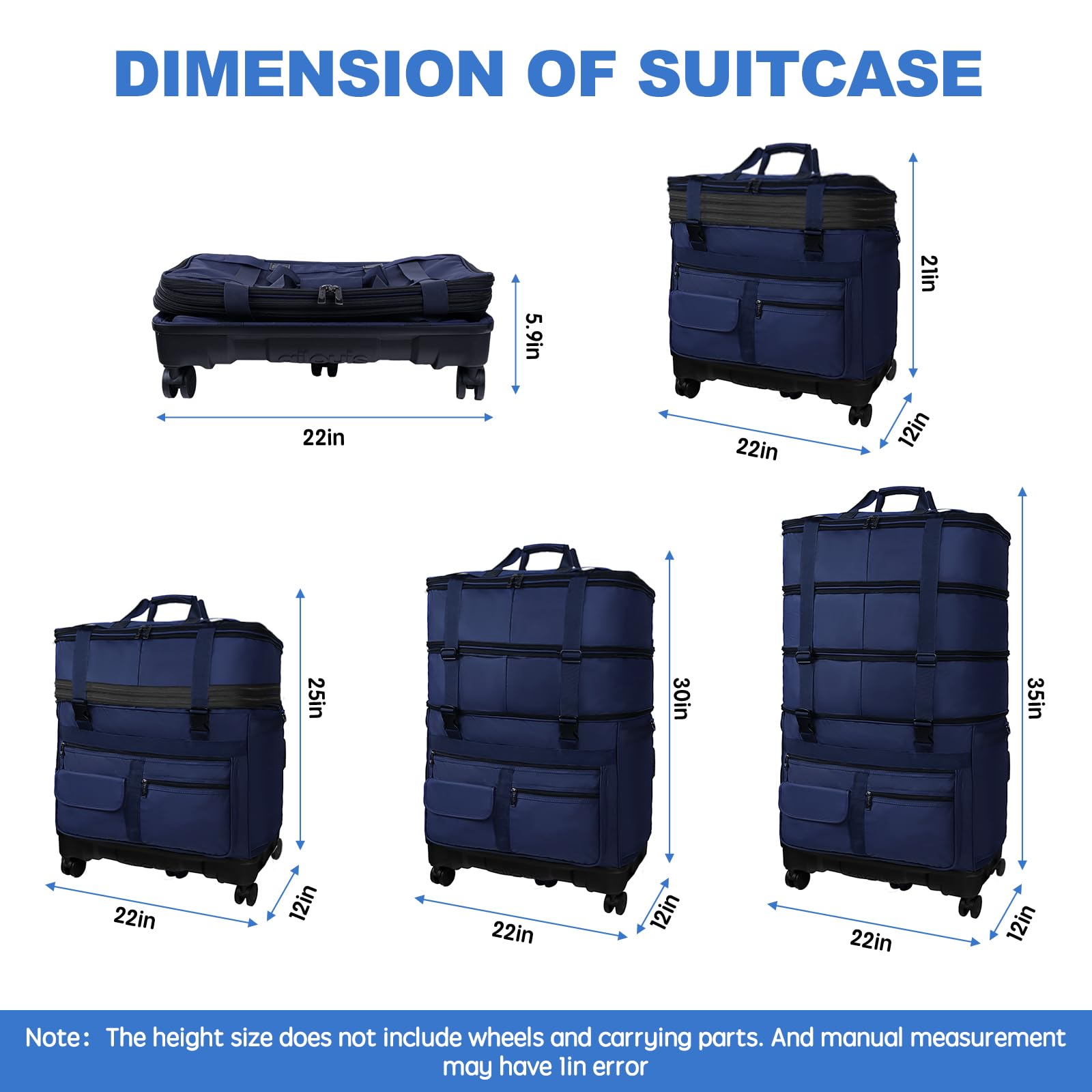 Expandable Collapsible Luggage with Telescoping Handle - Foldable Travel Suitcase with Removable Wheels - Rolling Duffel Bag for Men & Women - Perfect for Air Travel, Business Trips & Weekend Getaways