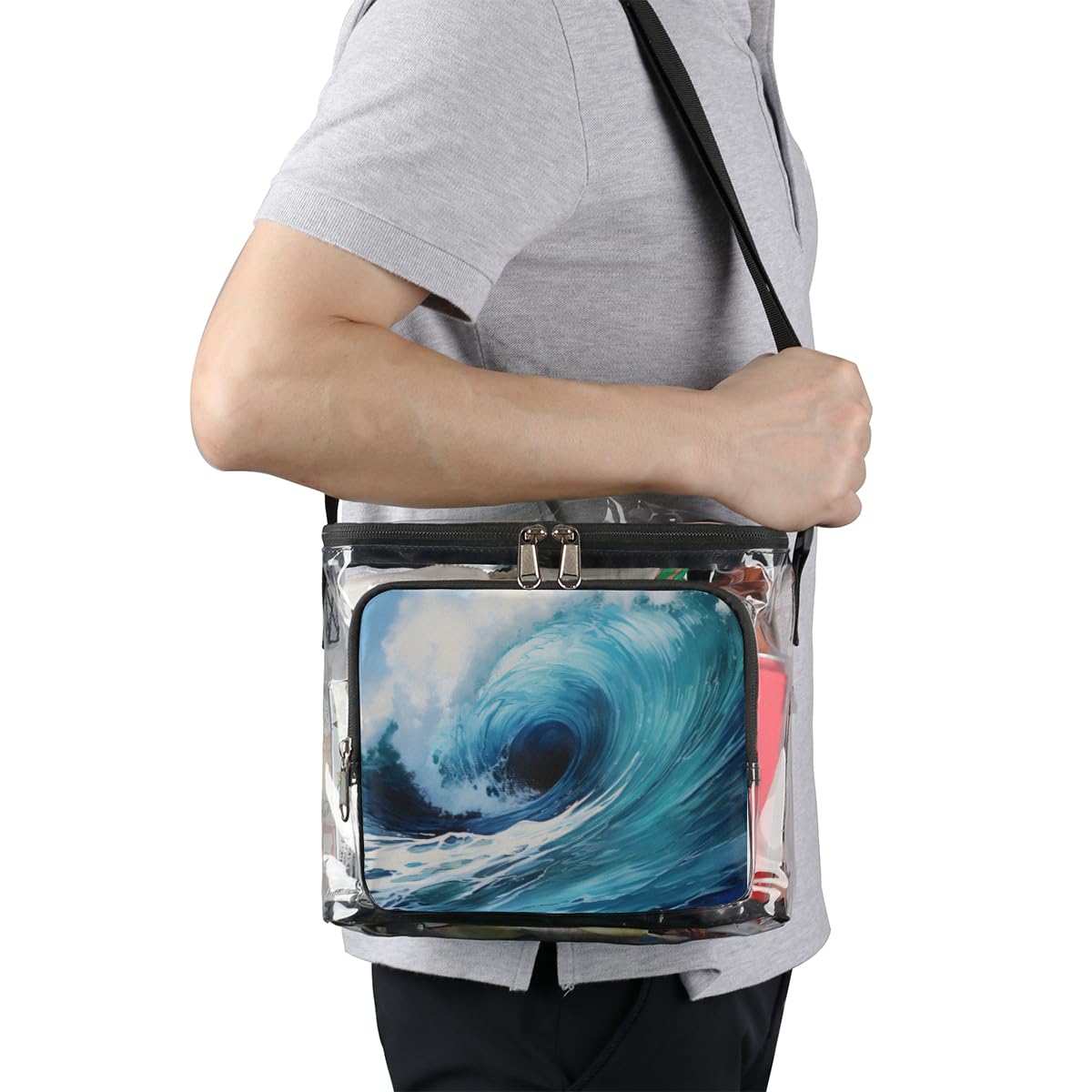 GzLeyigou Transparent Blue Wave Print Tote Bag with Handles - Waterproof Clear Shoulder Bag for Beach, Travel, Picnic, Concerts & Sports Events | Stadium Approved Crossbody Lunch Bag for Women & Men