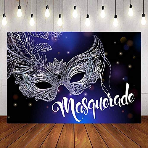 MEHOFOND Glitter Silver Feather Masquerade Mask - Blue & Black Mardi Gras Carnival Party Decor, Ballroom Dance Backdrop, Photography Studio Props (10x7ft) for Birthday, Wedding & Themed Events