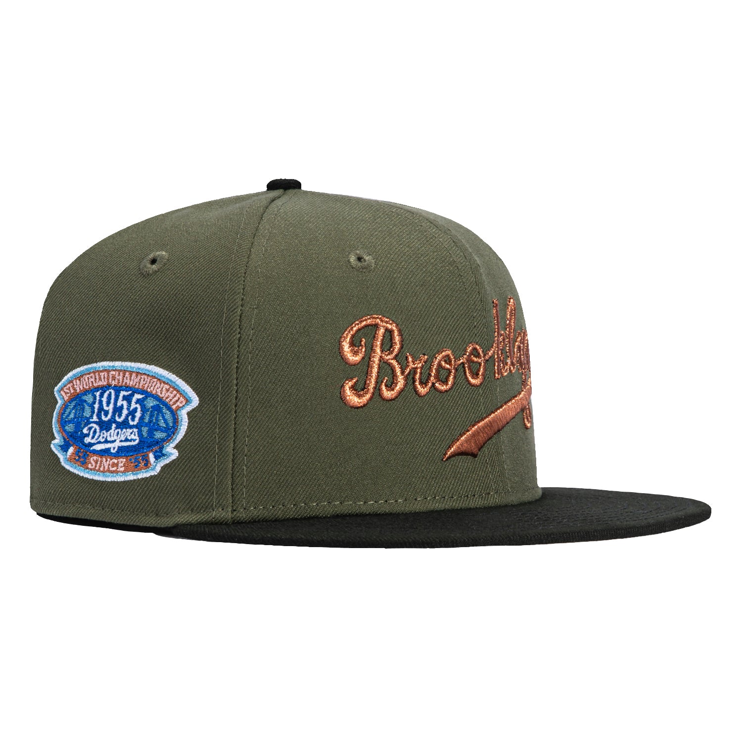 New Era 59Fifty Brooklyn Dodgers 1955 World Series Patch Script Hat - Olive, Black & Metallic Copper | Vintage Baseball Cap for Men & Women | Perfect for Dodgers Fans, Sports Collectors & Streetwear Fashion