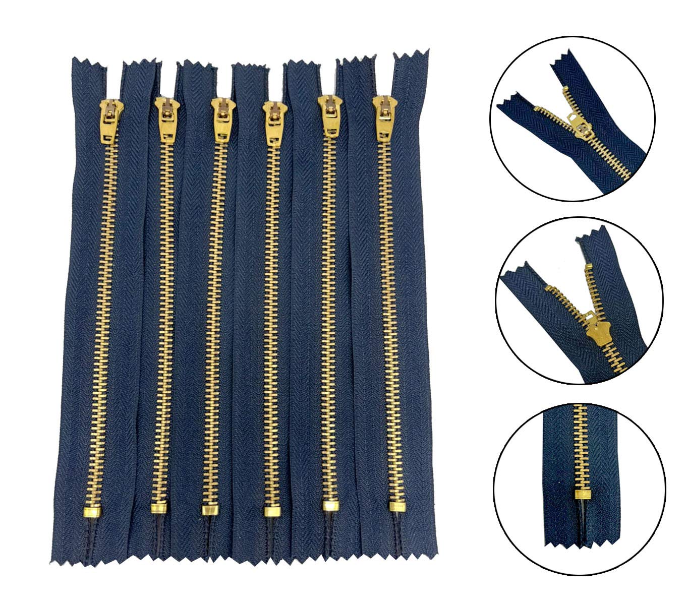 Heavy Duty 7 Inch Metal Zippers #5 Navy Tape with Golden Brass Teeth - 6 Pack Closed End Spring Lock Sliders for Jeans, Denim Pockets, Clothing & Sewing Crafts | Perfect for DIY Projects, Jacket Repairs & Bag Making (7