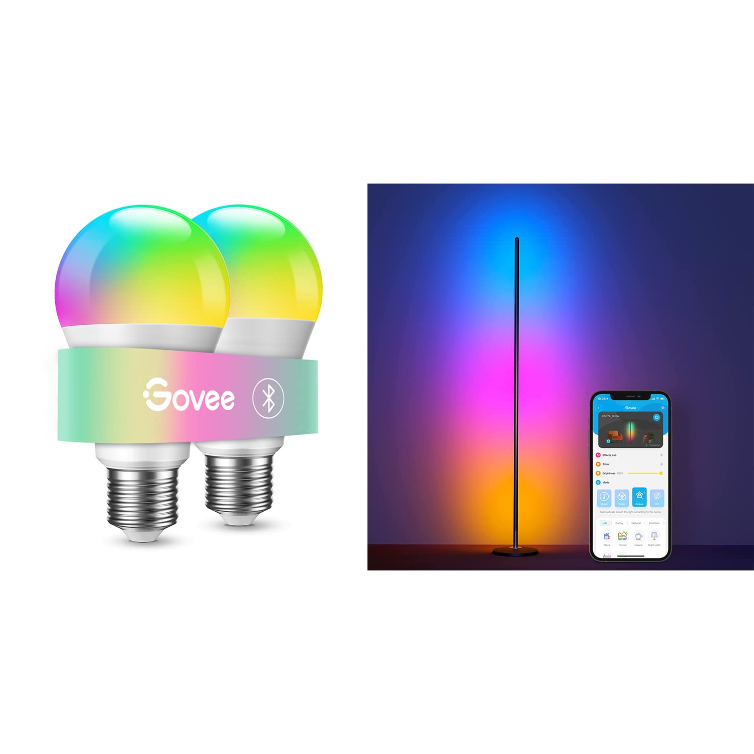 Govee Smart LED Light Bulb - Dimmable Multicolor Bluetooth RGBIC Bulbs with Corner Floor Lamp Bundle for Home Decor, Gaming Room & Bedroom Lighting