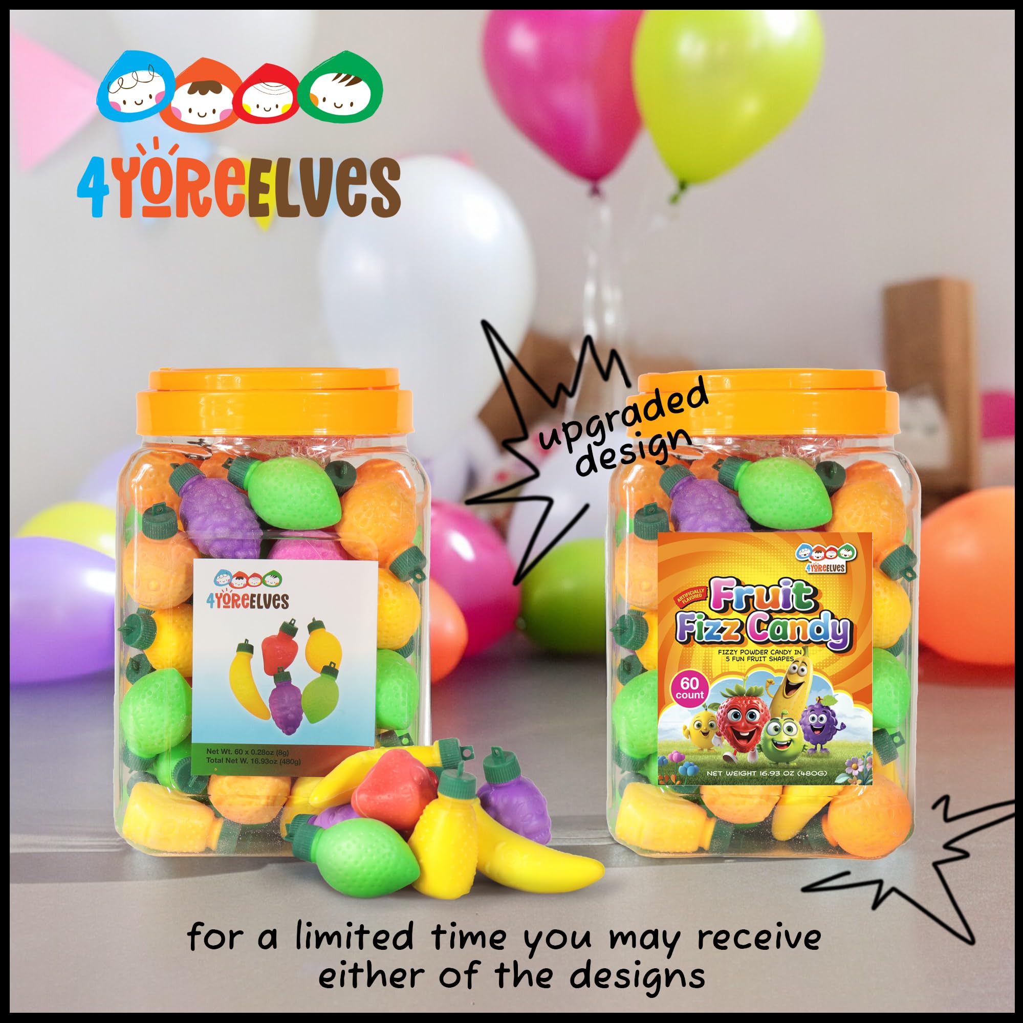 60 Pcs Fruit Shaped Fizzy Candy Powder - Retro 90s Sour Sweets with Hanging Hole Caps for DIY Decorations, Gluten Free & Nut Free Party Favors by 4YoreElves - Perfect for Birthday Parties, Classroom Rewards & Nostalgic Gift Giving