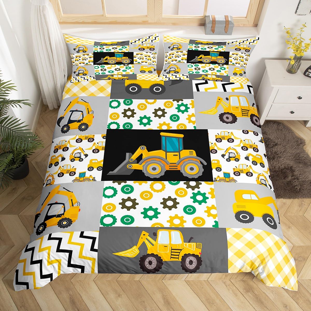 Excavator Truck Duvet Cover Set - Cartoon Tractor Bedding for Boys & Teens, Twin Size Geometric Patchwork Comforter Cover | Kids Room Decor, Car Theme Bedspread for Toddler & Teen Bedrooms