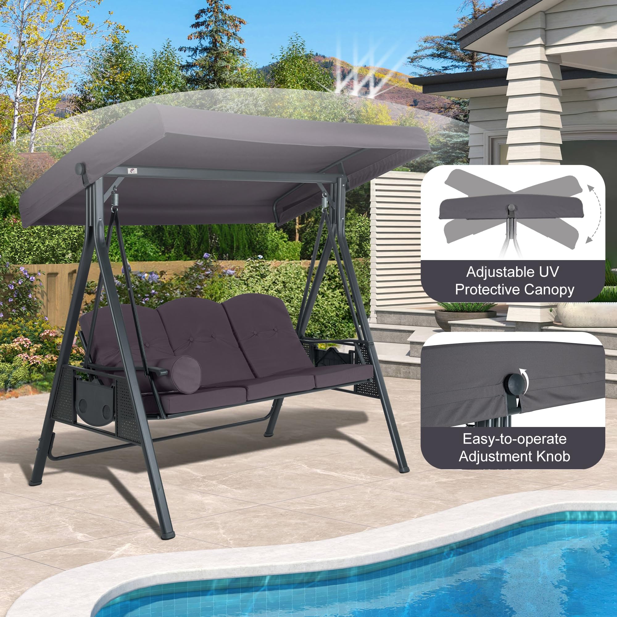 PURPLE LEAF 3-Seater Outdoor Patio Swing with Stand - Adjustable Canopy, All-Weather Steel Frame & Included Cushions - Perfect for Backyard, Porch, Garden Relaxation (Grey)