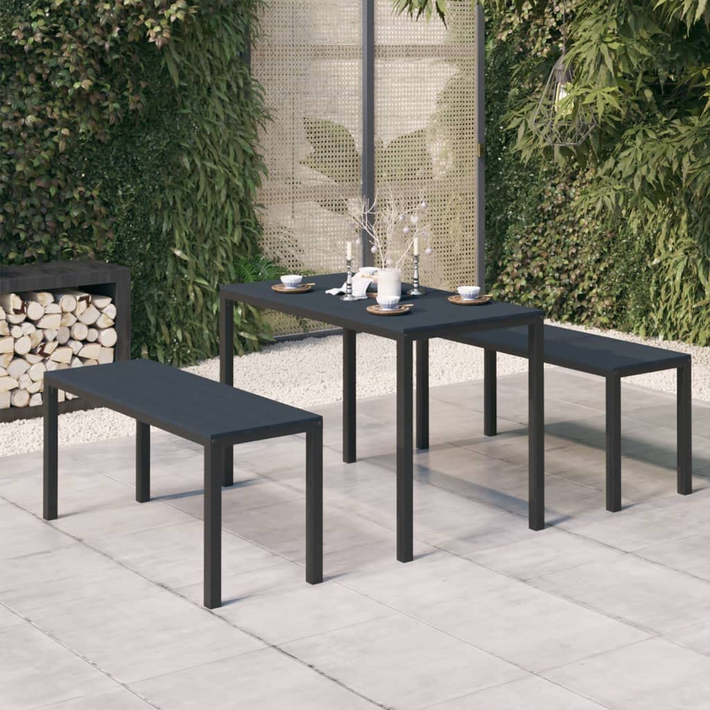 vidaXL 3-Piece Patio Dining Set - Outdoor Steel & WPC Furniture with Weather-Resistant Table & 2 Benches - Black - Perfect for Backyard, Garden or Poolside Dining