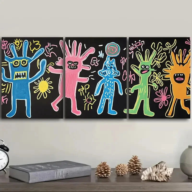 3Pcs Surreal Character Graffiti Metal Wall Art Prints - Ready to Hang, Unique Home & Office Decor for Modern Living Rooms, Bedrooms, or Creative Spaces