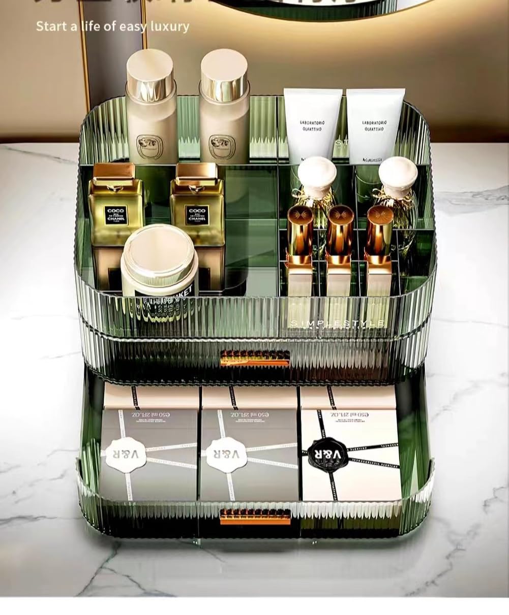 MIUOPUR Stackable Makeup Organizer with Drawers - Bathroom Vanity Storage for Cosmetics, Skincare, Lipsticks & Nail Care - Perfect for Desk, Dresser & Countertop Organization - Green