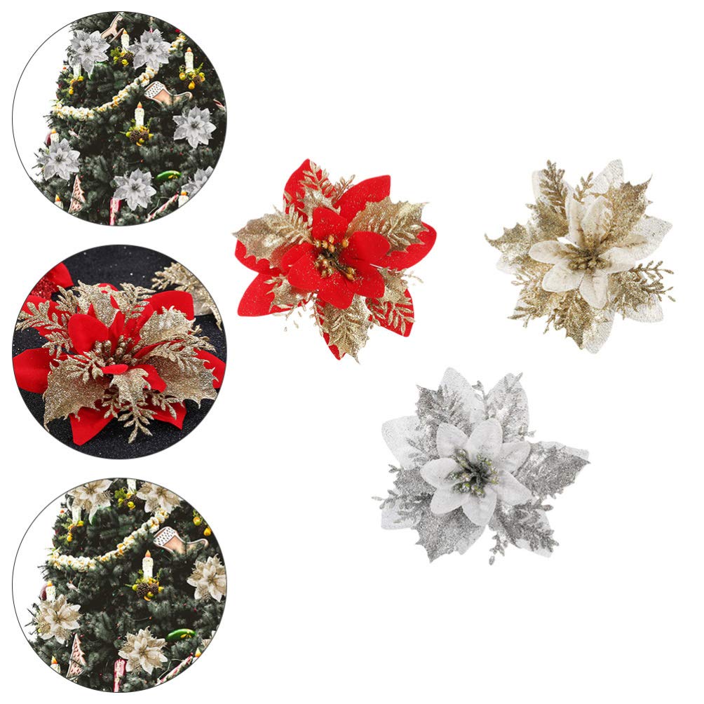 15Pcs Christmas Poinsettias Artificial Flowers - Mini Gold Dust Floral Decor for DIY Garland, Tree, Wreath & Holiday Home Decoration | Perfect for Xmas Party, Mantel, Table Centerpiece