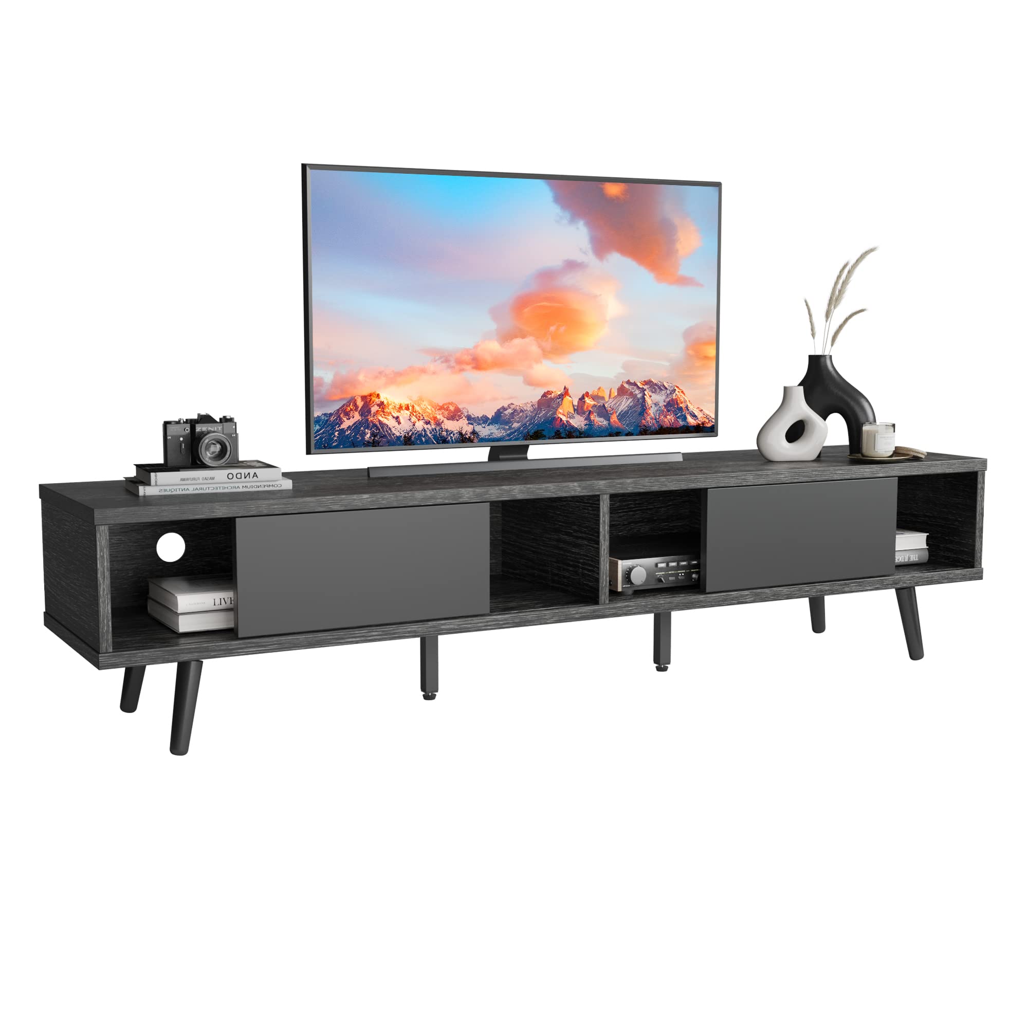 Bestier 70 Inch Mid Century Modern TV Stand for 75 Inch TVs - Low Profile Entertainment Center with Storage & Cord Management - Black Ash Finish for Living Room & Home Theater