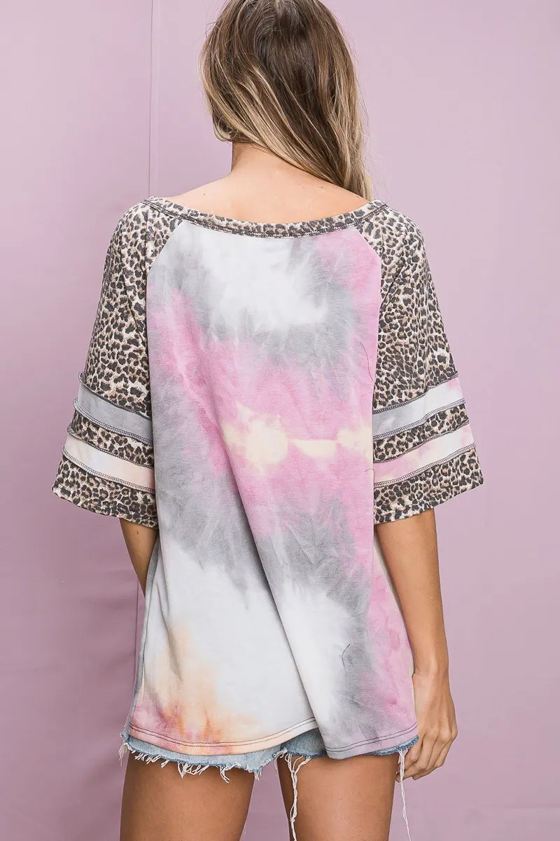 BiBi Tie-Dye French Terry Leopard Sleeve Top | Trendy Women's Casual Shirt | Perfect for Streetwear, Music Festivals & Everyday Fashion