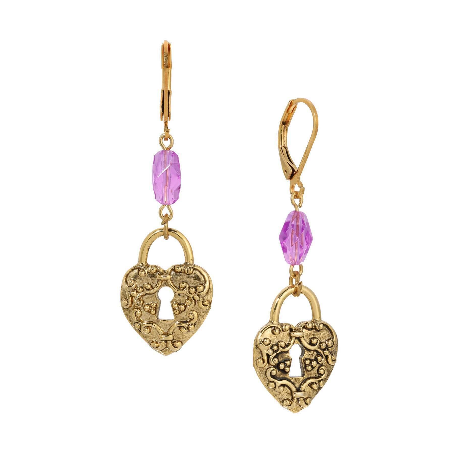1928 Jewelry Amethyst Enigma Heart Padlock Dangling Earrings for Women - Vintage Inspired Drop Earrings for Valentine's Day, Anniversary & Romantic Date Night