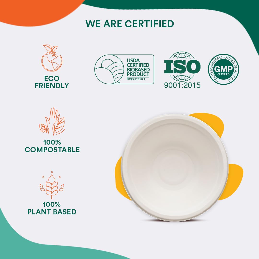 ECO SOUL 180ml (6oz) 50-Pack Biodegradable Sugarcane Bowls | Compostable Disposable Tableware for Parties, Weddings & Events | Eco-Friendly Dinnerware for Snacks, Salads & Desserts | Perfect for Sustainable Celebrations & Everyday Use