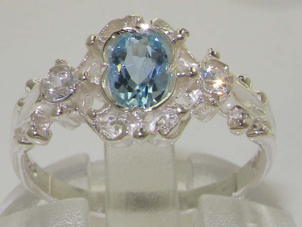 10K White Gold Cubic Zirconia & Genuine Aquamarine Women's Band Ring - Elegant Wedding, Engagement & Anniversary Jewelry Gift for Her