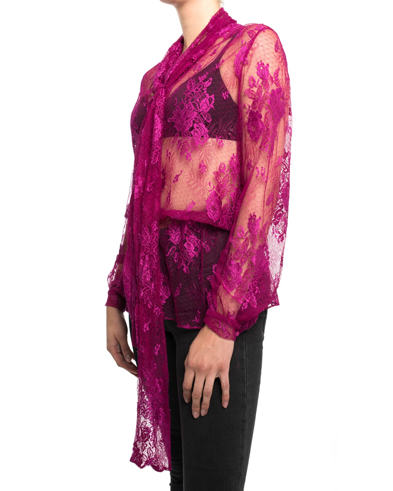 Balenciaga Pre Fall 2017 Fuchsia Lace Blouse with Neck Ties - Women's Fashion Blouse for Party, Wedding & Special Occasions