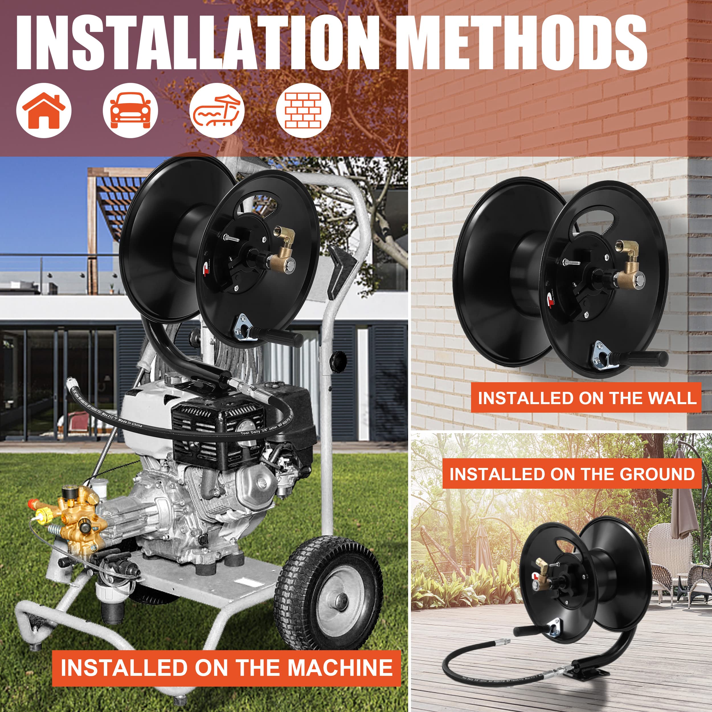 Heavy Duty Pressure Washer Hose Reel with Swivel - 50ft Commercial Grade Washing Machine Hose for Car, Driveway & Deck Cleaning - Durable Outdoor Water Hose Storage Solution