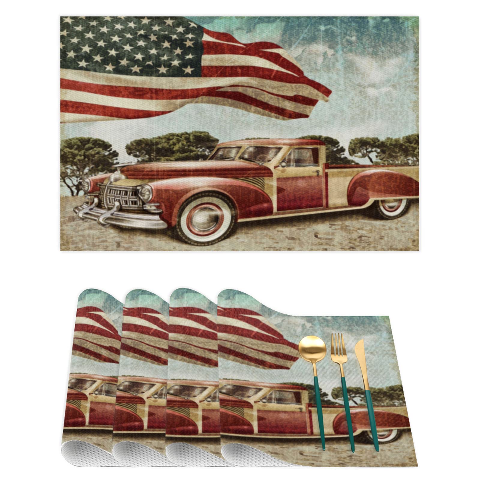 Vintage American Flag Car Placemats - Set of 1 Heat-Resistant, Stain-Resistant & Anti-Skid Table Mats for 4th of July Decor - Washable PVC Kitchen & Dining Table Mats for Patriotic Parties & Everyday Use
