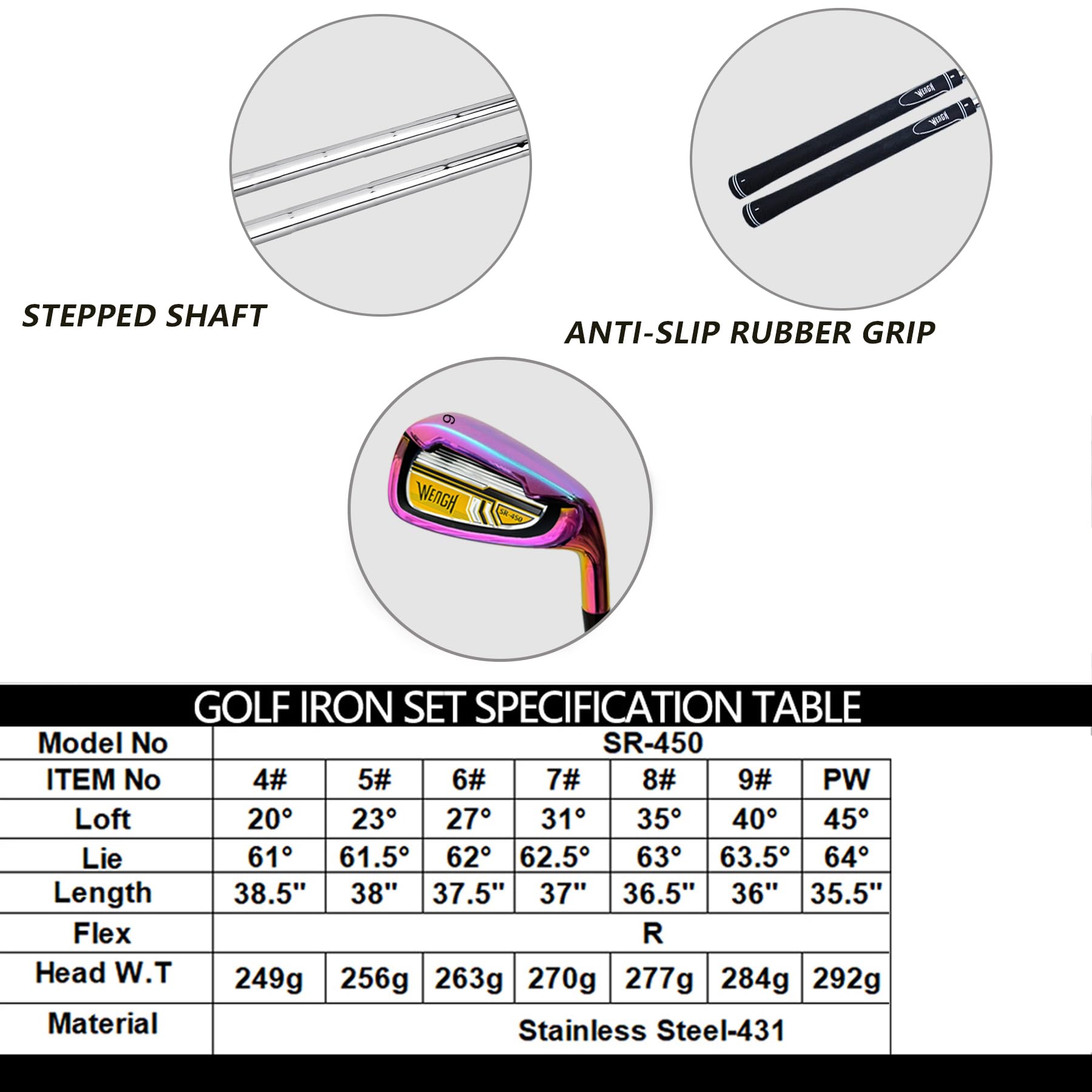 Premium Golf Irons Set (4-PW) for Men & Women Right-Handed Golfers - Regular Flex Steel Shaft - Rainbow Finish - Perfect for Driving Range & Course Play