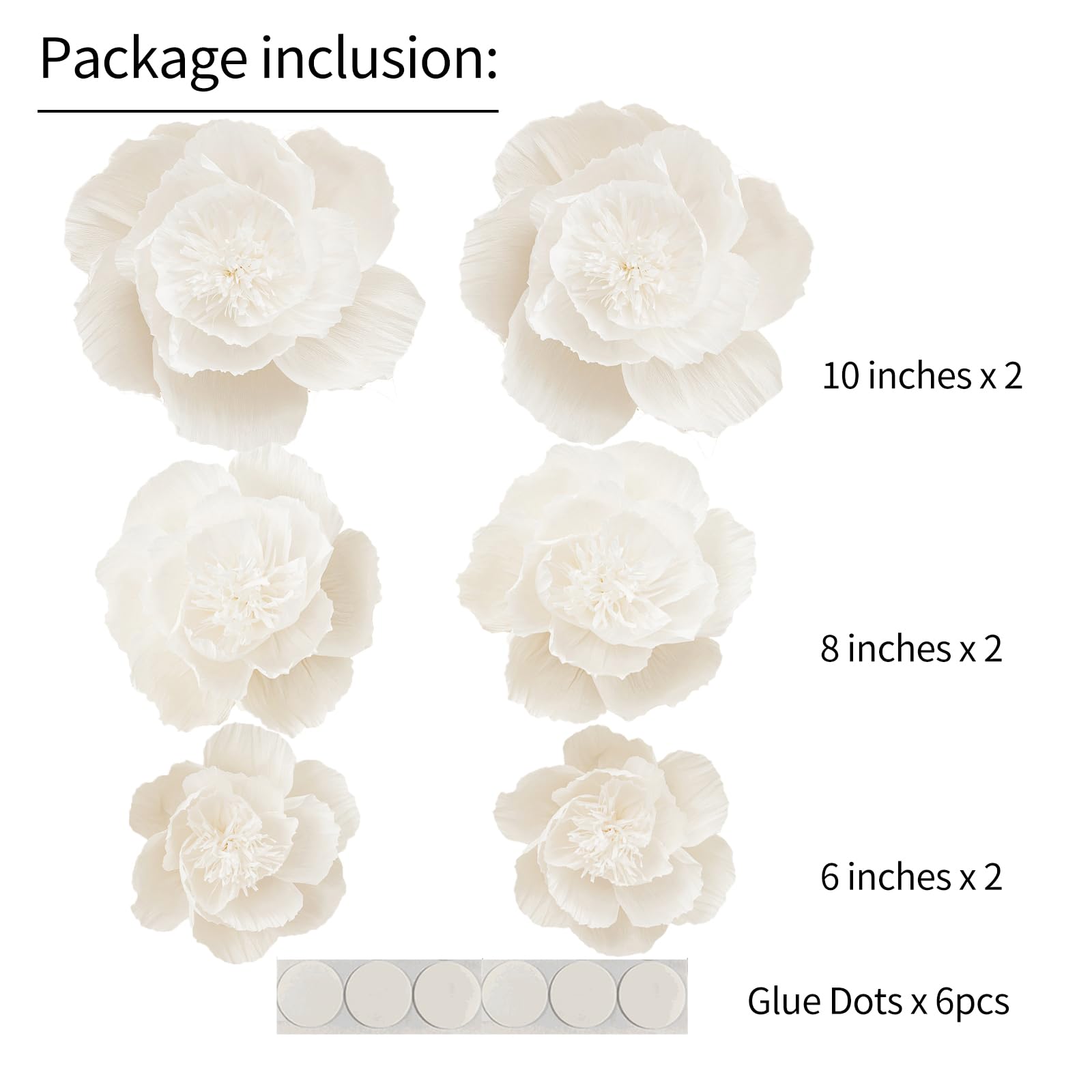 White Crepe Paper Flowers Set of 6 - Wedding, Baby Shower & Party Decor