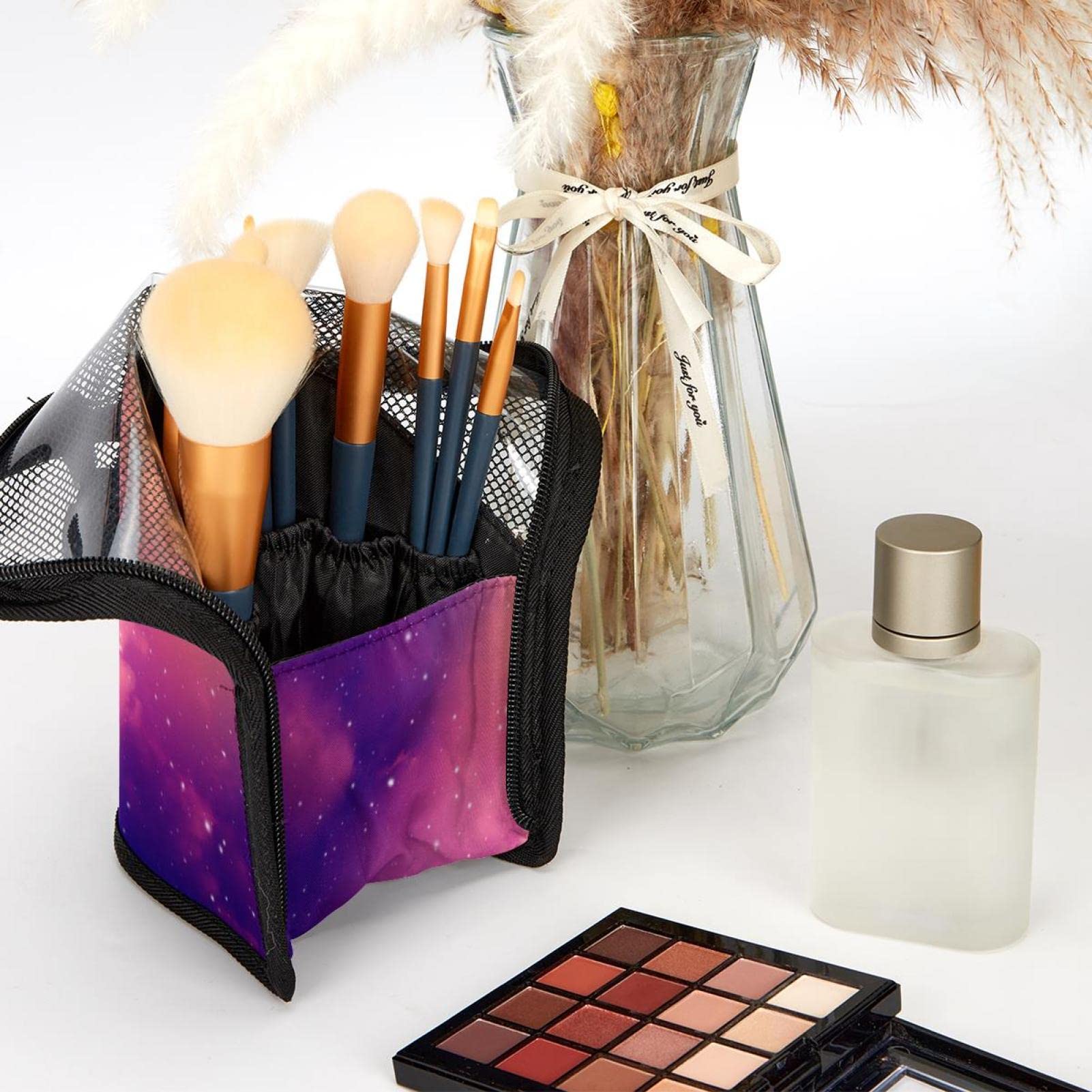 Premium 12-Piece Makeup Brush Organizer Bag with Stars & Galaxy Design - Portable Cosmetic Brush Holder Case for Travel, Home, and Professional Makeup Artists