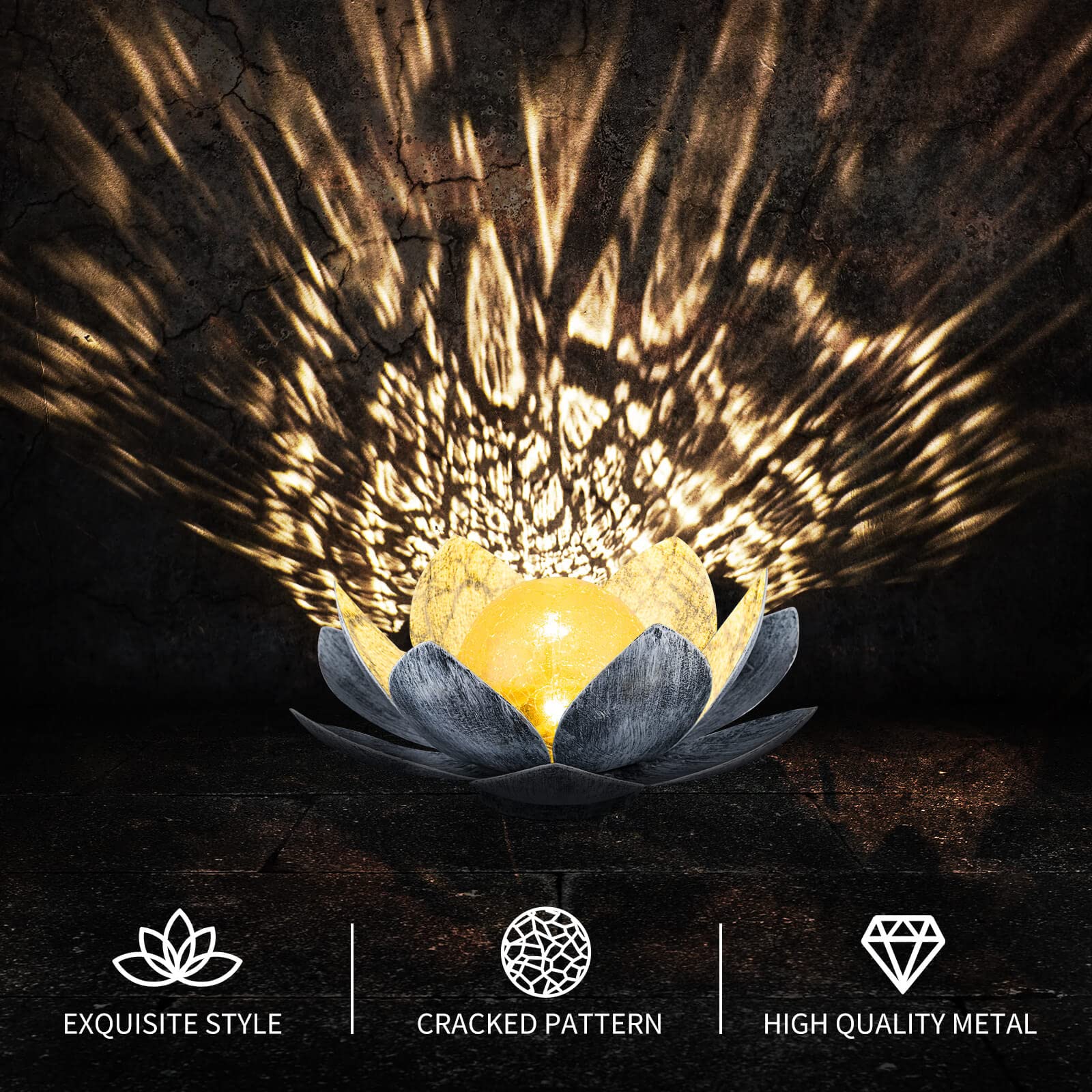 Solar Garden Lights Outdoor (2 Pack) - Amber Crackle Glass Globe Lotus LED Lights, Waterproof Metal Flower Decor for Patio, Lawn, Walkway, Tabletop - Perfect Garden Gifts for Women, Home & Wedding Decor