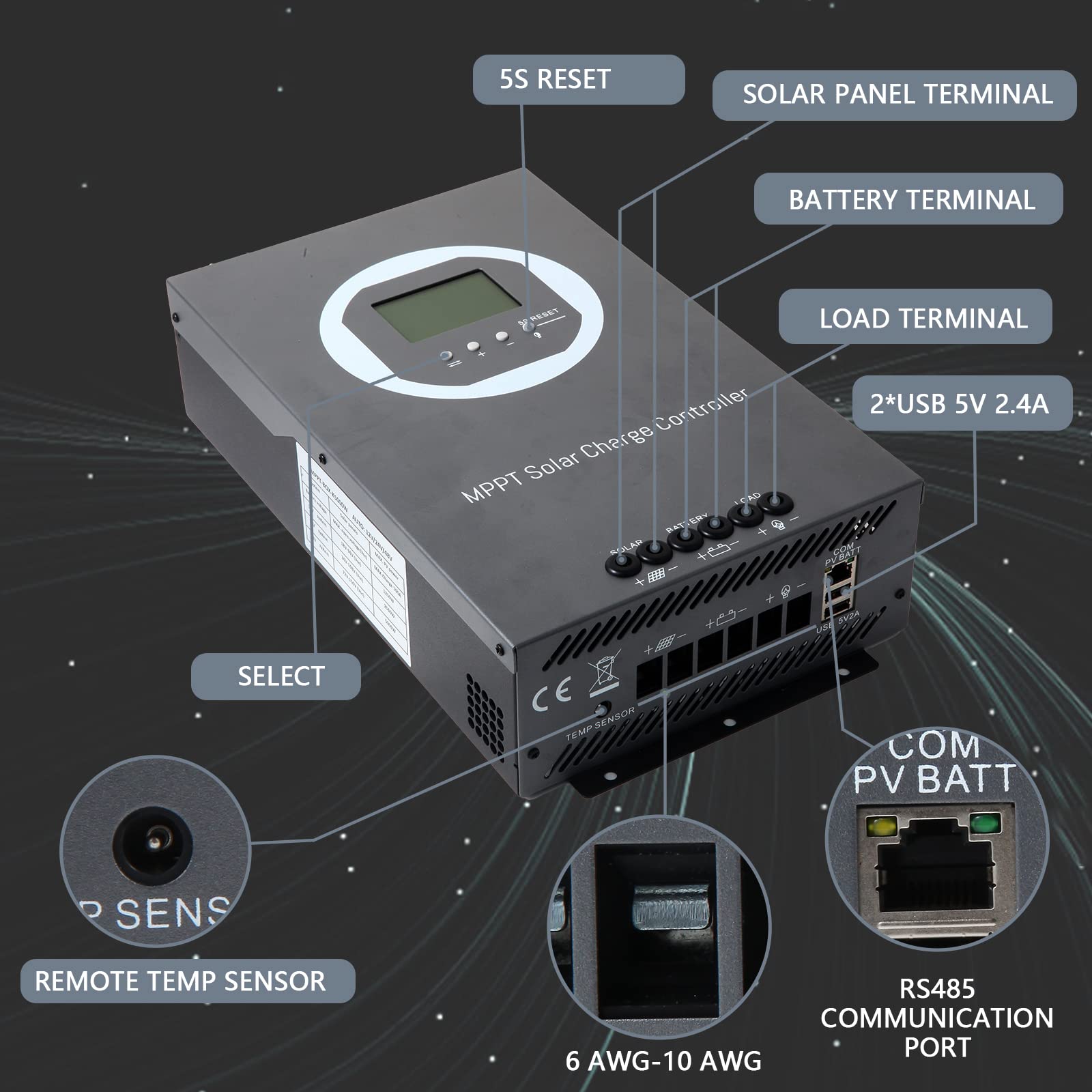 100A MPPT Solar Charge Controller 12V/24V/36V/48V Auto, 150V Max PV Input, 5000W Power - Compatible with AGM/Gel/Flooded/Lithium Batteries - Perfect for Off-Grid Solar Systems, RV, Marine, and Home Energy Storage