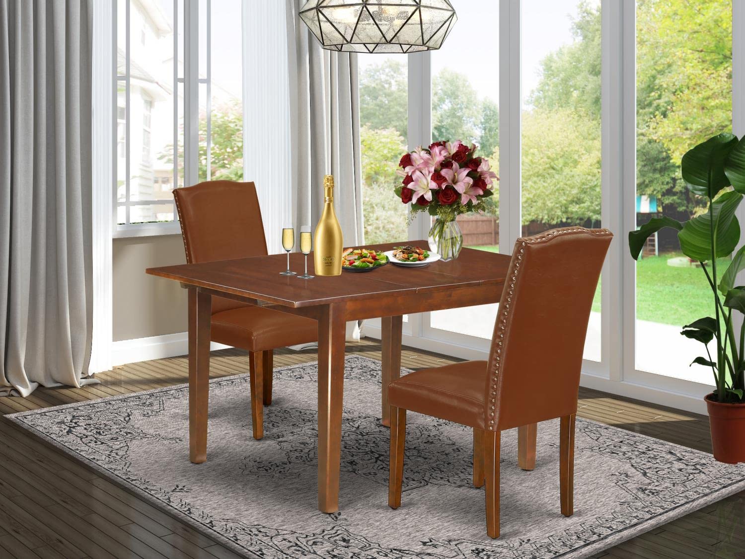 East West Furniture NOEN3-MAH-66 3-Piece Kitchen Dining Set - 32x54 Inch Rectangle Table with Butterfly Leaf & 2 Brown Faux Leather Chairs, Mahogany - Perfect for Small Kitchens, Breakfast Nooks, and Cozy Dining Spaces