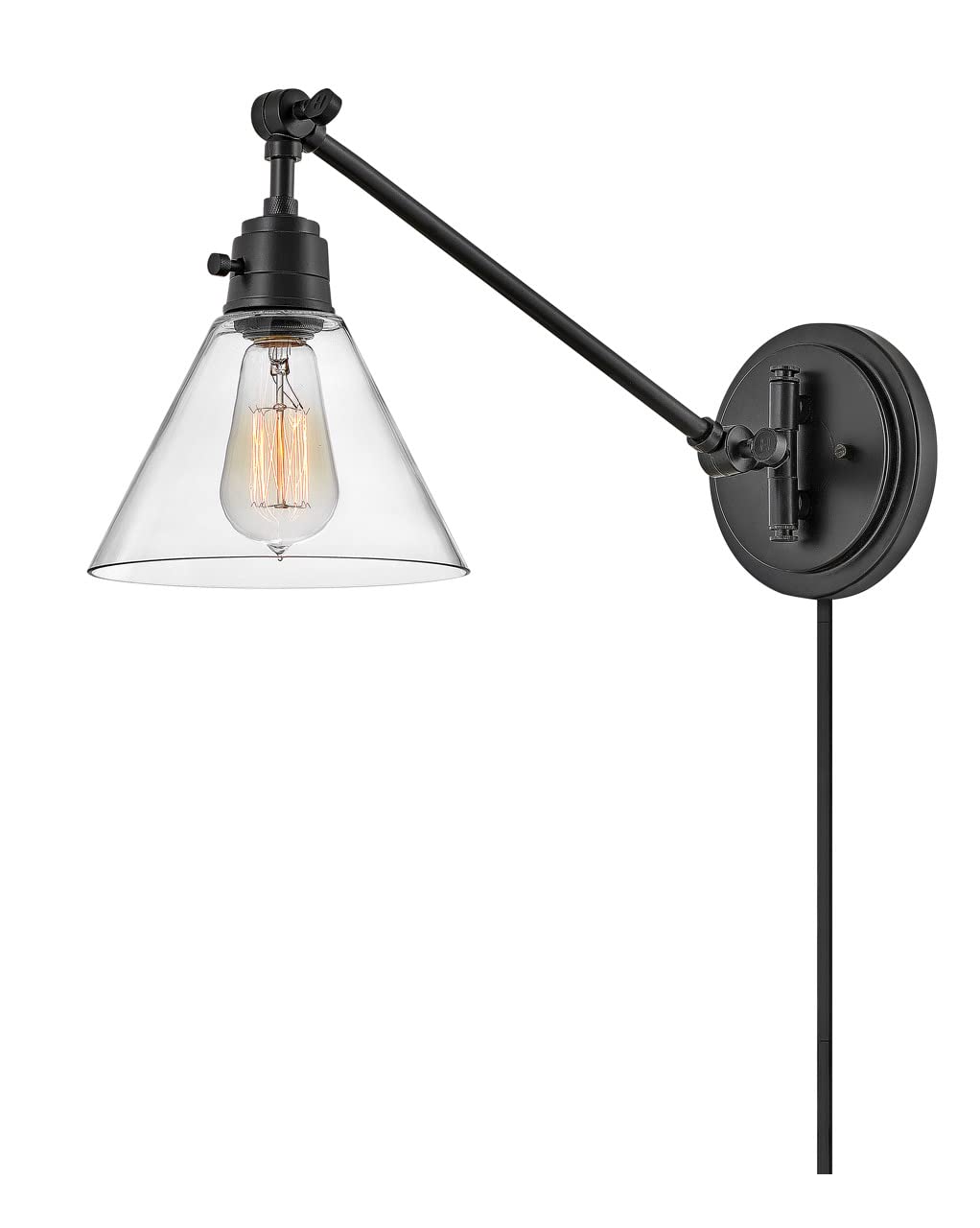 Hinkley Arti 3690BK-CL Medium Articulating Single Light Wall Sconce with On/Off Switch - Black Clear Glass Shade, Adjustable Arm & Removable Fabric Cord - Perfect for Bedroom, Hallway or Entryway Lighting