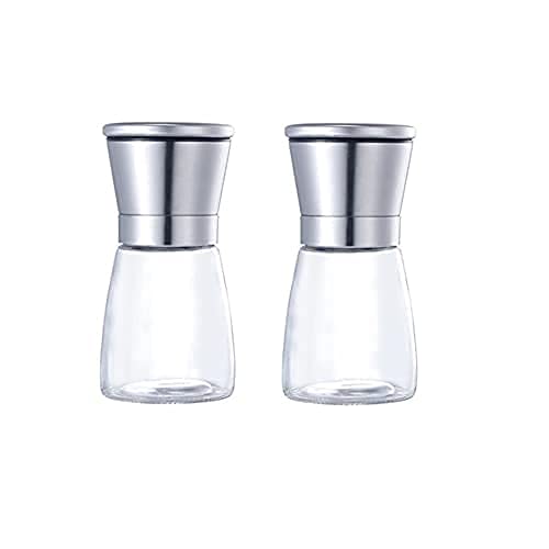 2-Pack Stainless Steel Salt and Pepper Grinder Set - Adjustable Coarseness, Refillable Glass Spice Mill for Black Peppercorn & Sea Salt - Perfect for Kitchen, Dining Table & Camping Use