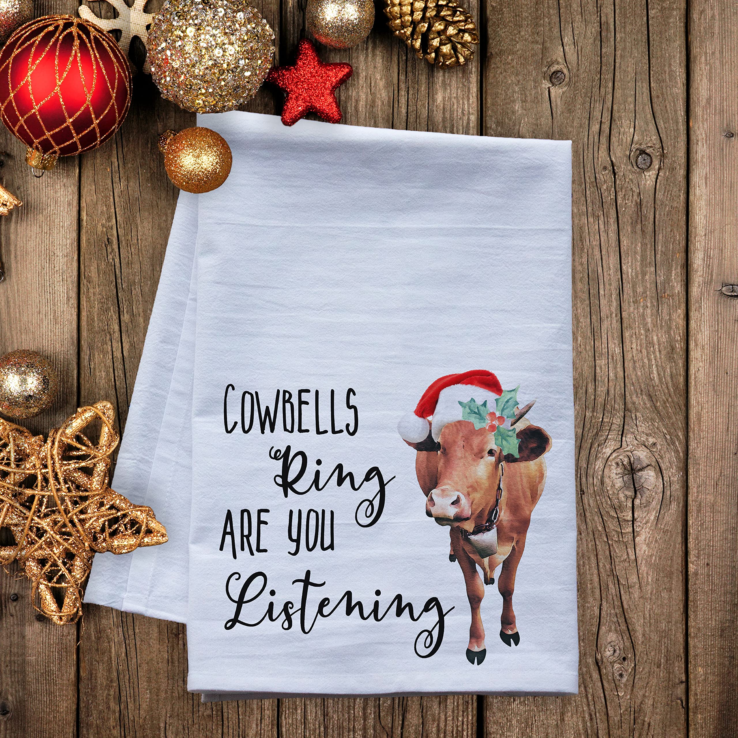 Christmas Flour Sack Dish Towels - Holiday Kitchen Tea Towels for Xmas Decor (Cowbells Ring Christmas Cow) - Perfect for Baking, Gift Wrapping & Festive Home Decor