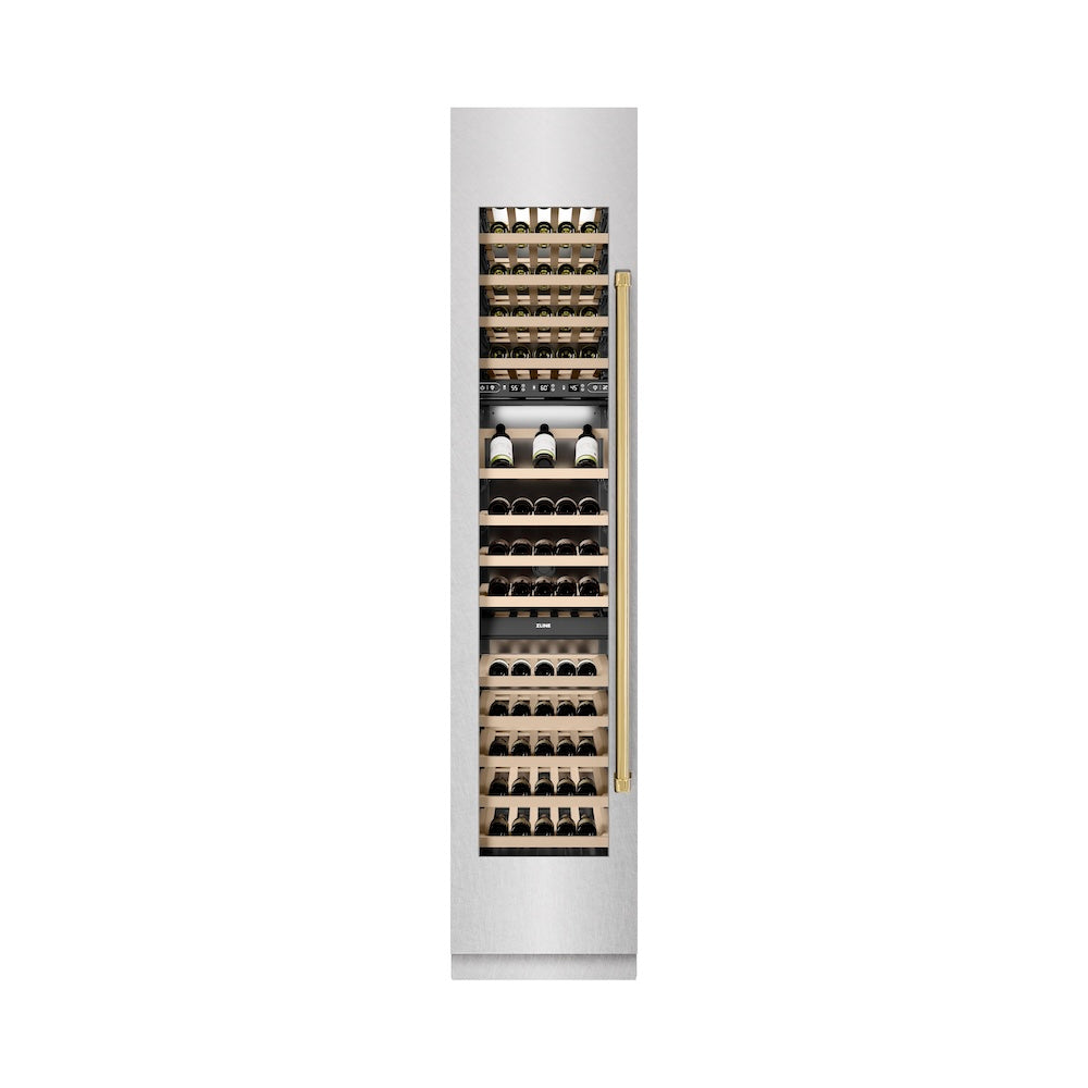 ZLINE Autograph Edition 18 Inch 9.0 cu ft Triple Zone 68 Bottle Left Hinge Column Wine Cooler - Satin Stainless Steel with Polished Gold Accents (RCWVLZ SN 18 G) | Perfect for Home Bars, Wine Cellars & Entertaining Spaces