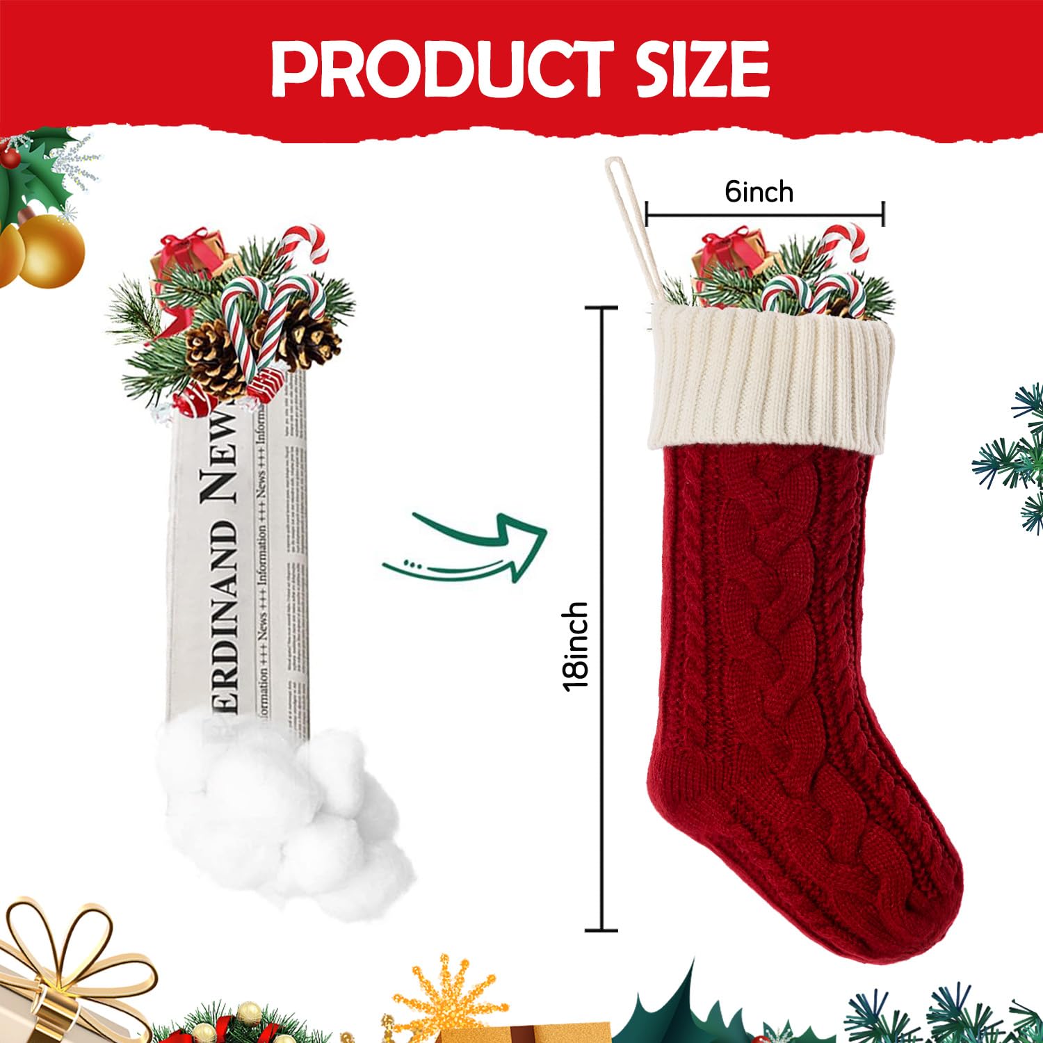 18 Inch Classic Cable Knit Christmas Stockings Set - Large Fireplace Hanging Stockings for Kids & Family - Holiday Party Decorations (Red & White, 1 Pack) | Perfect for Xmas Tree Decor, Mantel Display & Gift Giving