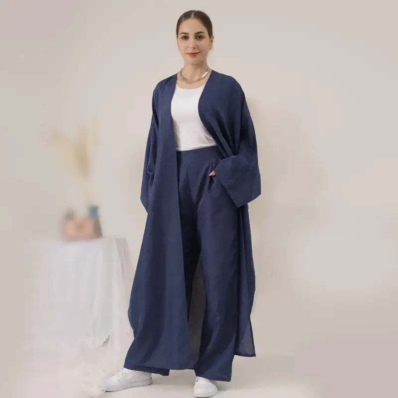 2 Piece Open Abaya with Matching Pants Set - Modest Muslim Women's Office Wear & Work Clothes | Elegant Prayer Dress for Mosque, Professional Outfit for Business, Comfortable Daily Wear