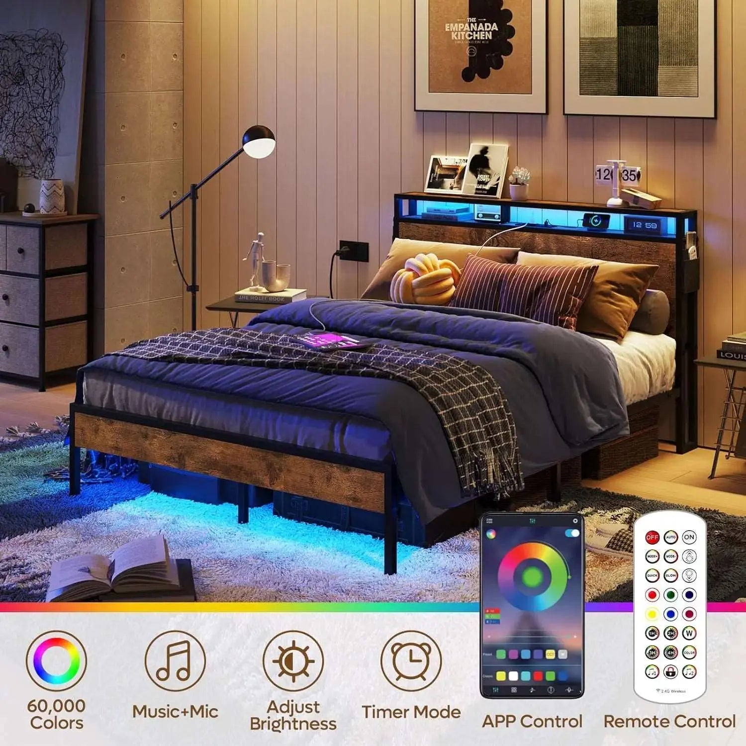 Bestier Queen Size LED Bed Frame with Headboard and Storage - Modern Platform Bed with USB Ports & Underbed Storage - Perfect for Bedroom, Dorm, Apartment & Small Spaces