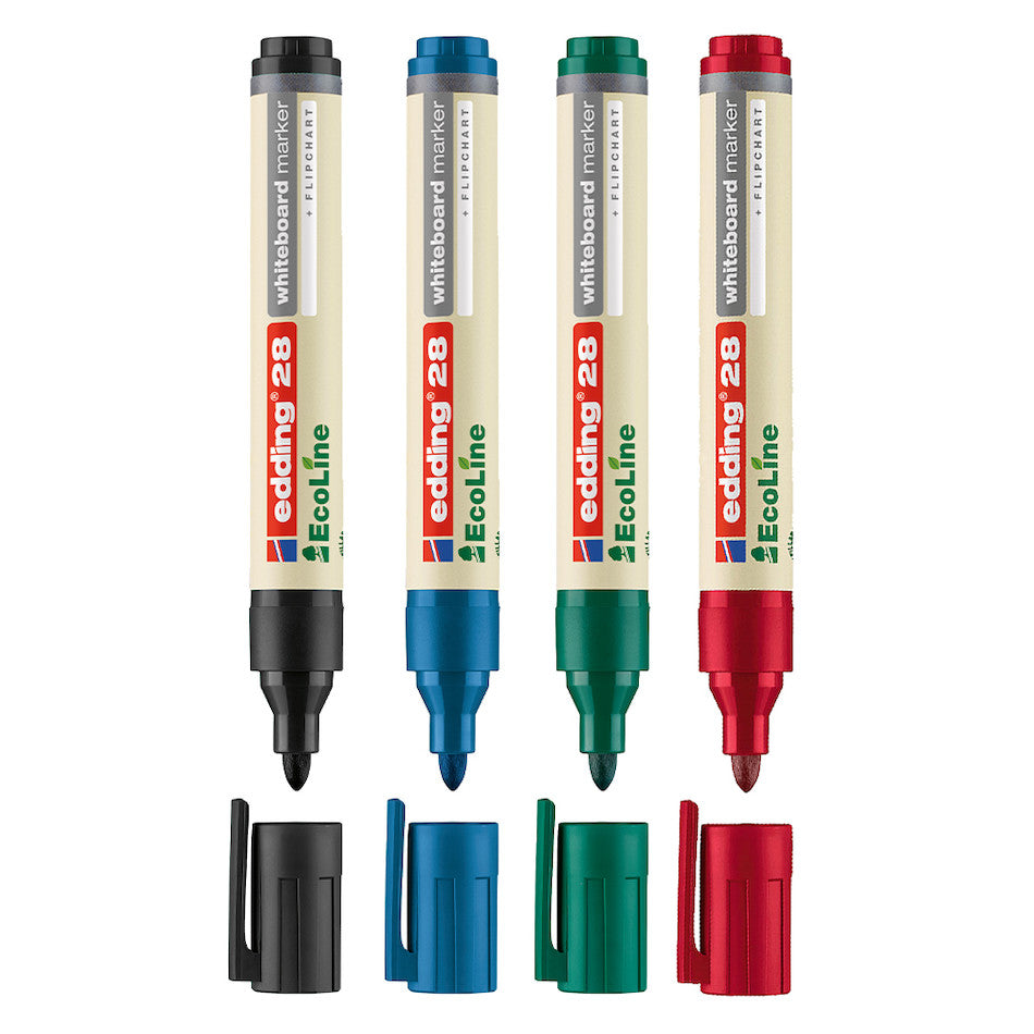 edding EcoLine 28 Whiteboard Markers - Set of 4 Non-Toxic Dry Erase Markers for Classroom, Office & Home Use - Low Odor, Vibrant Colors, Chisel Tip