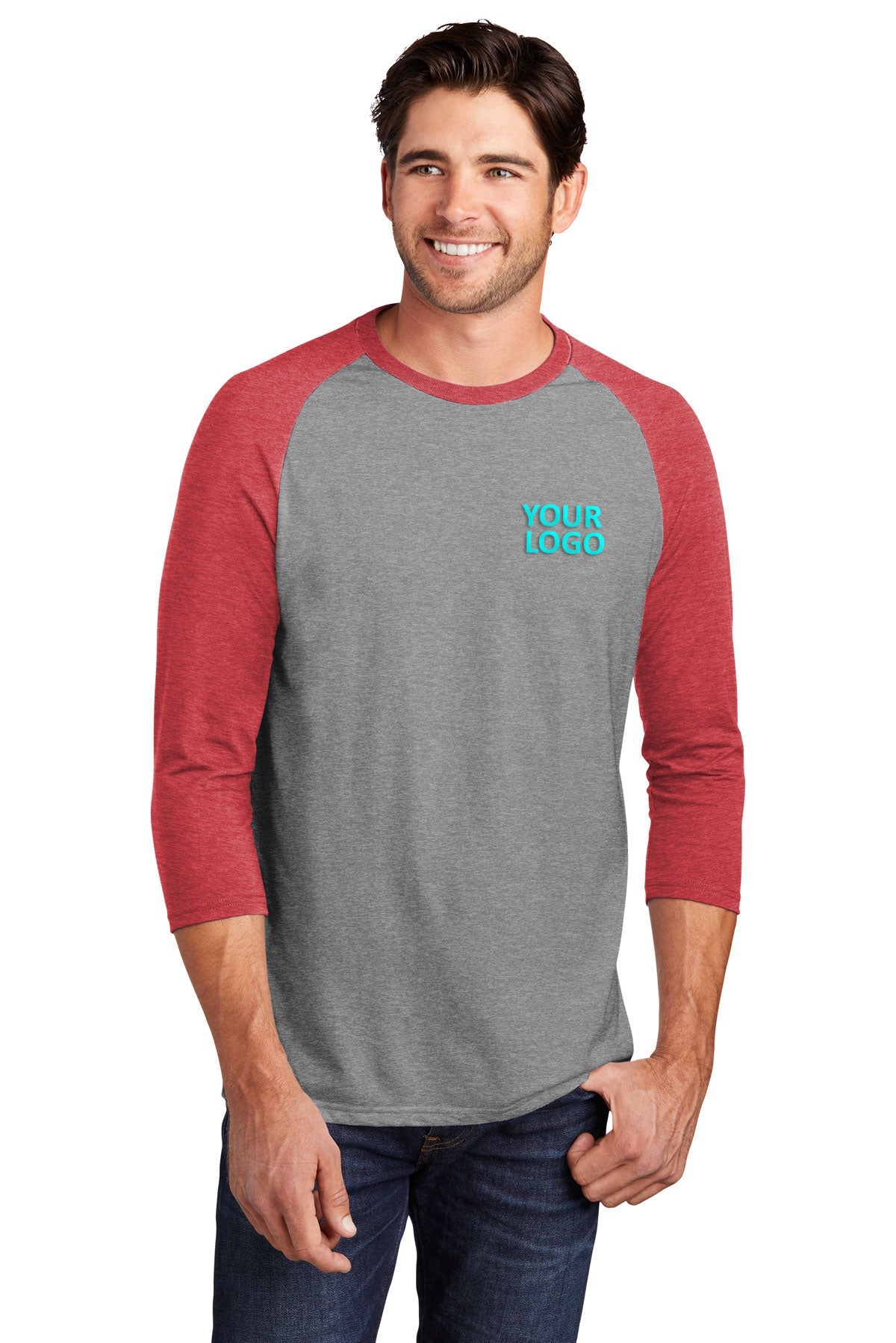 District Made Men's Perfect Tri 3/4 Sleeve T-Shirt - Red Frost/Grey Frost - Casual & Athletic Wear for Gym, Running & Everyday Comfort
