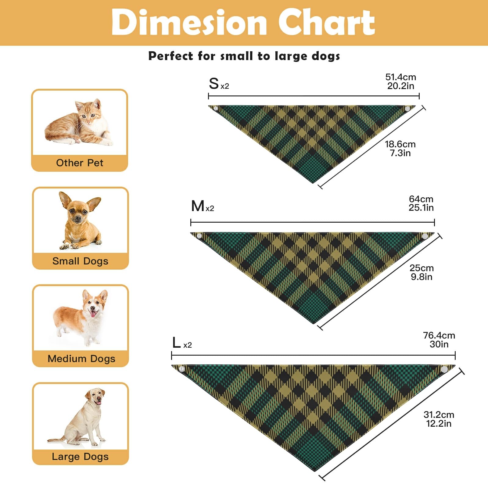2 Pack Dog Bandanas - Black Gold Green Tartan Plaid Pattern, Soft Breathable Milk Silk, Snap Button Triangle Bibs for Small Medium Large Dogs - Perfect for Christmas, Halloween, Thanksgiving Pet Holiday Accessories & Photo Props