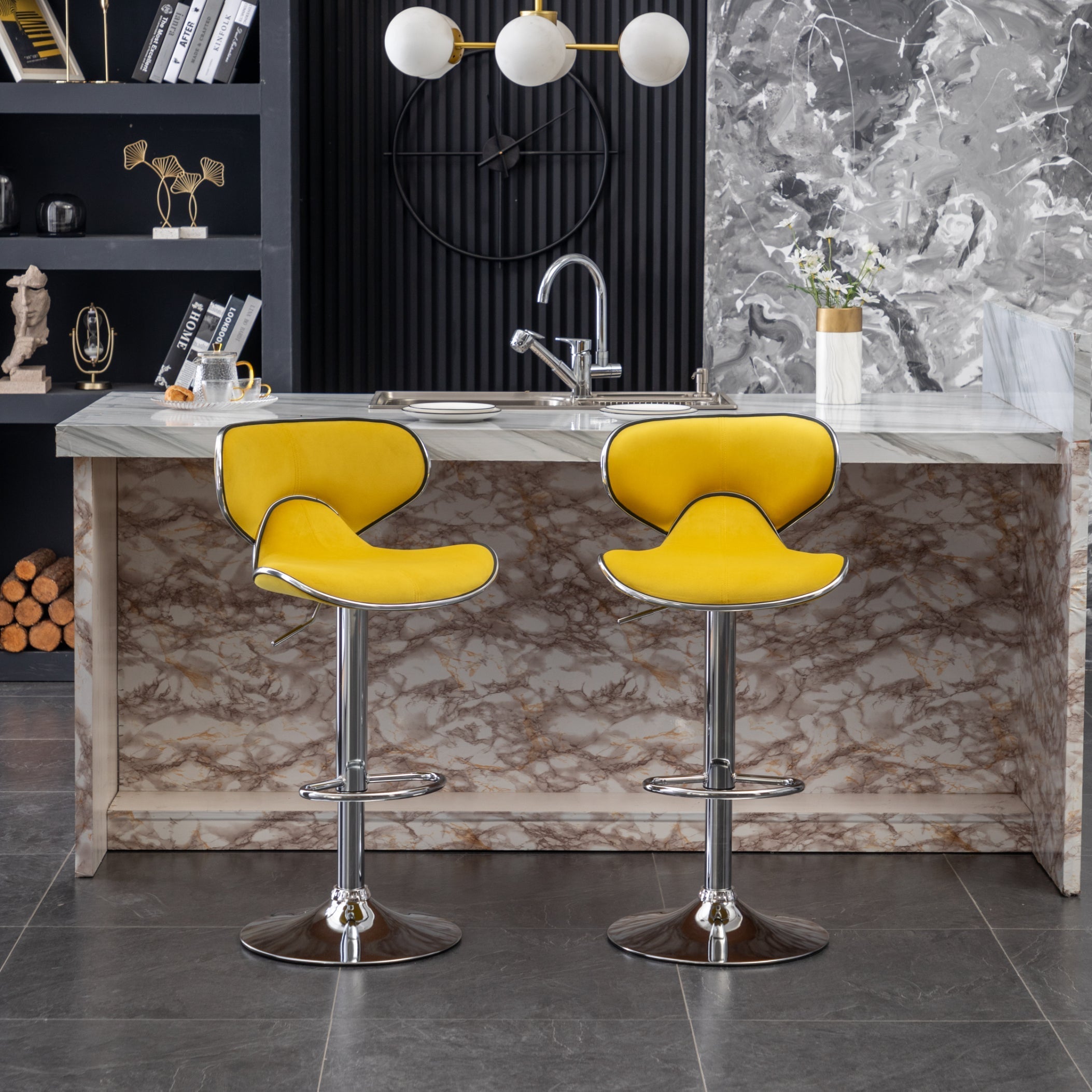 Roundhill Furniture Masaccio Velvet Upholstered Adjustable Swivel Bar Stool - Set of 2, Yellow - Perfect for Kitchen Islands, Home Bars & Breakfast Nooks