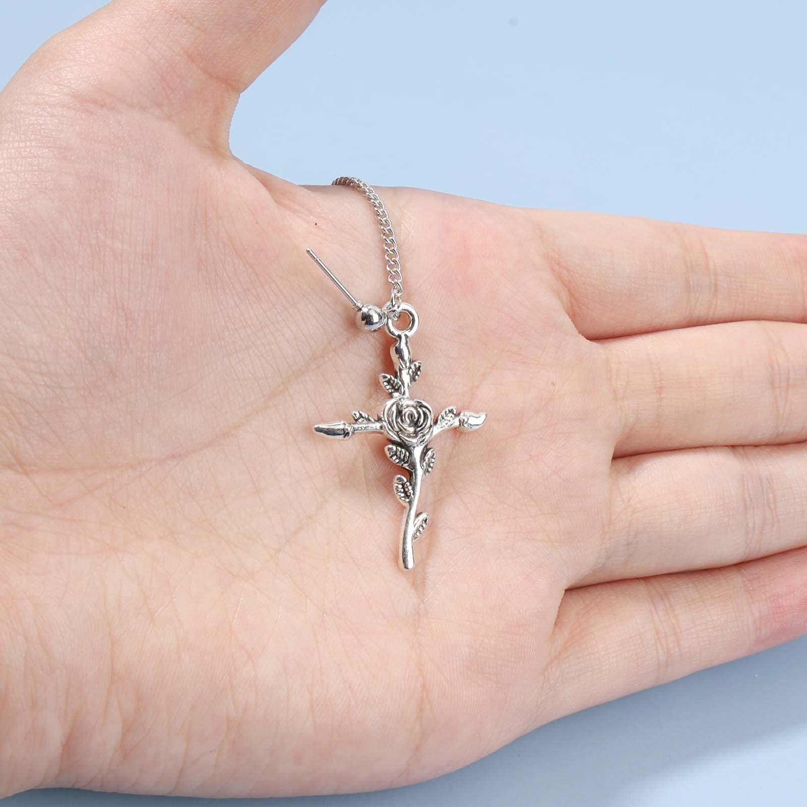 Silver Cross Dangle Chain Earrings for Women - Long Crucifix Drop Earrings with Cuff Wrap Design | Religious Jewelry Gift for Church, Weddings & Everyday Wear